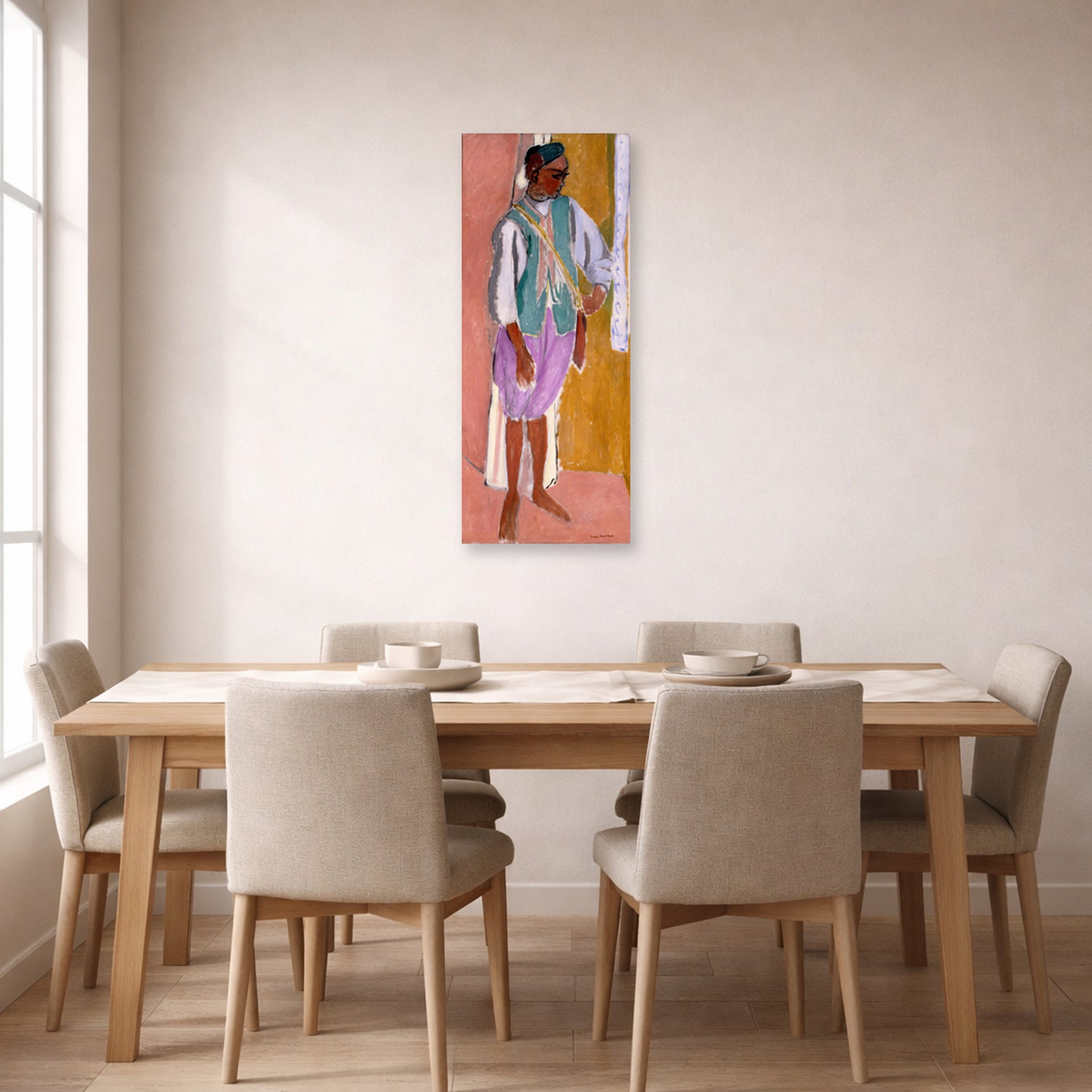 Unframed poster print of Henri Matisse's Moroccan Amido displayed on a dining room wall