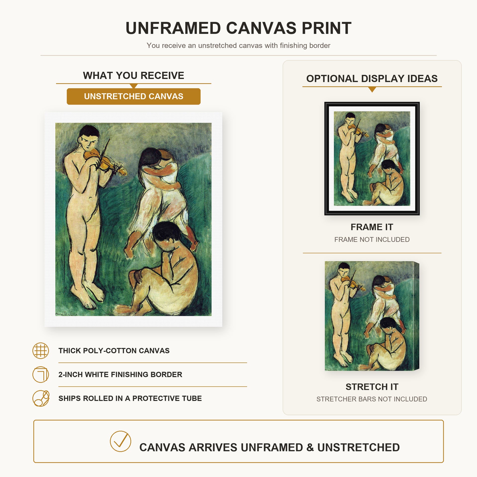 Henri Matisse - Music Sketch canvas print size comparison and framing display infographic