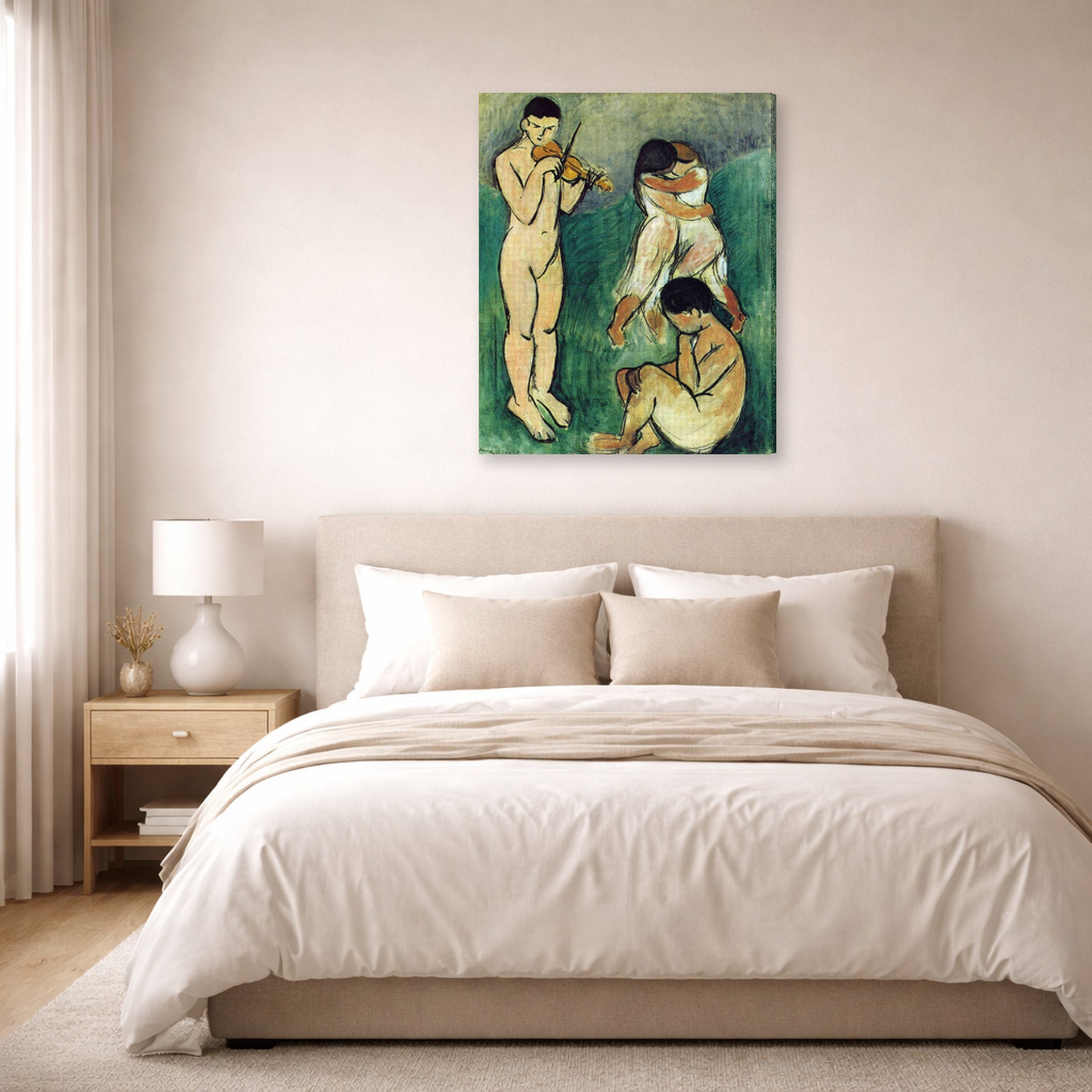 Gallery-wrapped canvas print of Henri Matisse's Music Sketch hanging above a bed in a bedroom