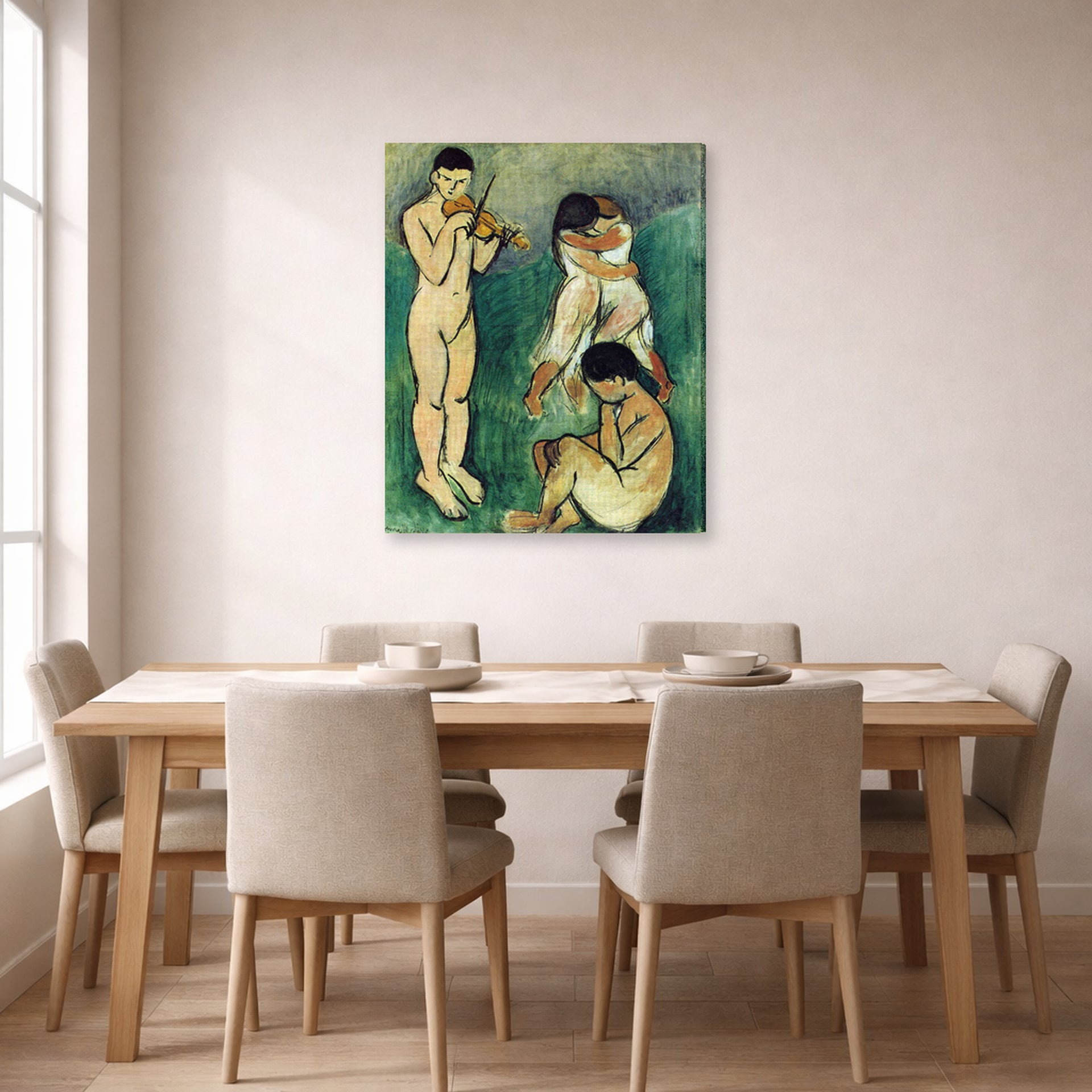 Gallery-wrapped canvas print of Henri Matisse's Music Sketch hanging on a dining room wall