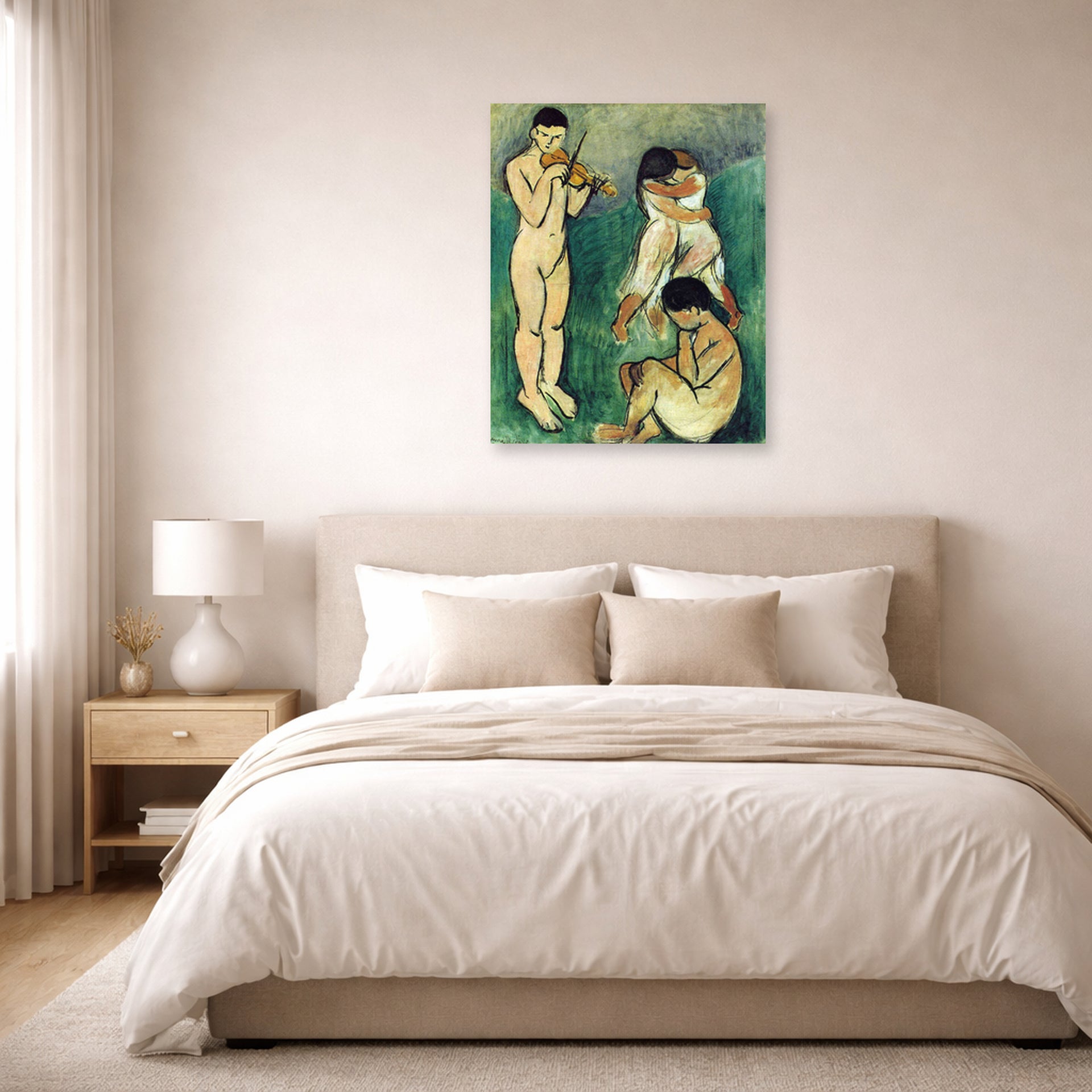 Unframed poster print of Henri Matisse's Music Sketch displayed above a bed in a bedroom
