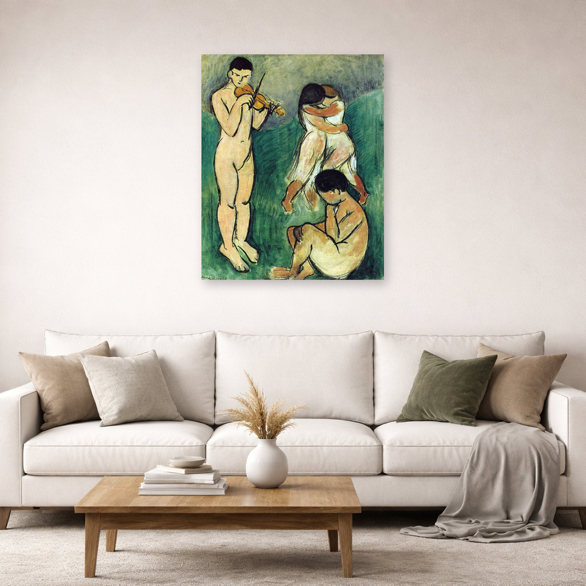 Unframed poster print of Henri Matisse's Music Sketch displayed in a living room, view 2