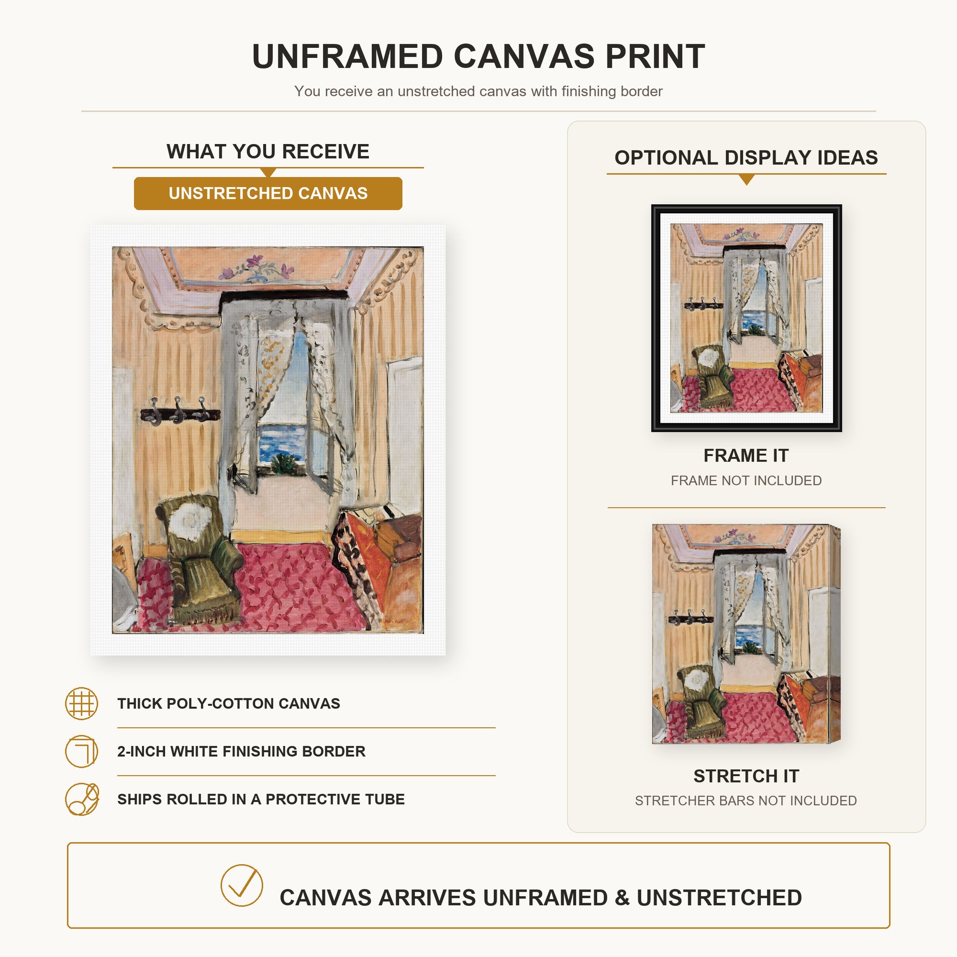 Henri Matisse - My Room at the Beau-rivage canvas print size comparison and framing display infographic