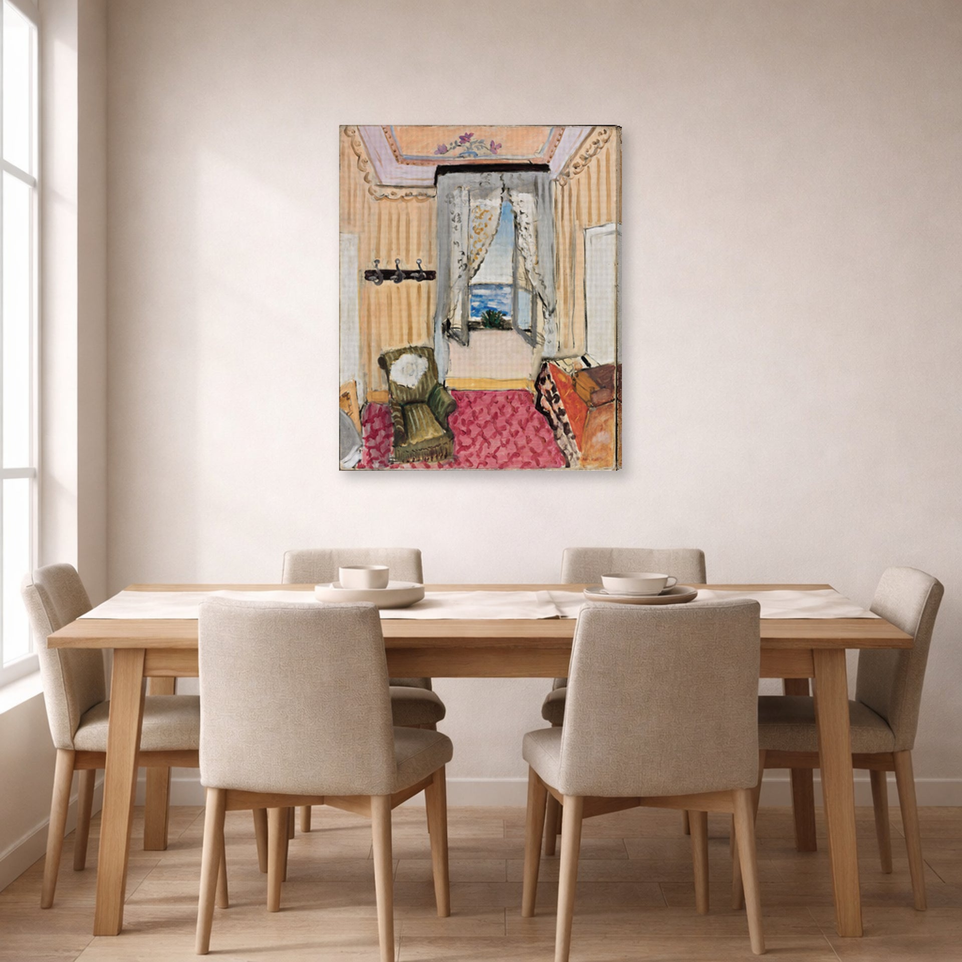 Gallery-wrapped canvas print of Henri Matisse's My Room at the Beau-rivage hanging on a dining room wall