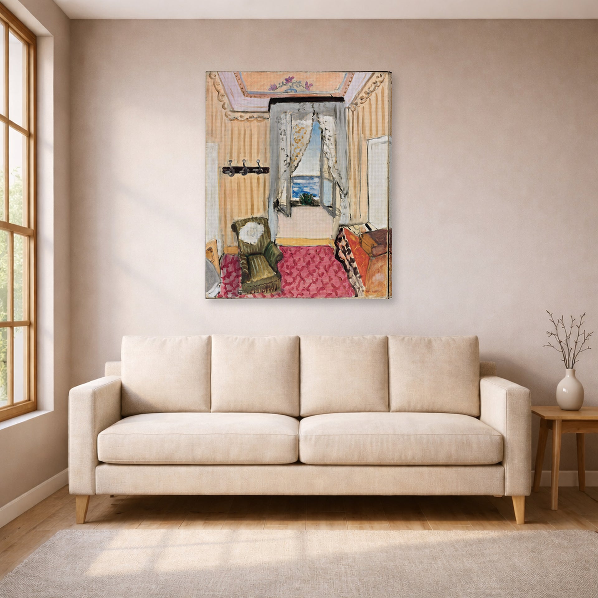 Gallery-wrapped canvas print of Henri Matisse's My Room at the Beau-rivage hanging in a living room, view 1