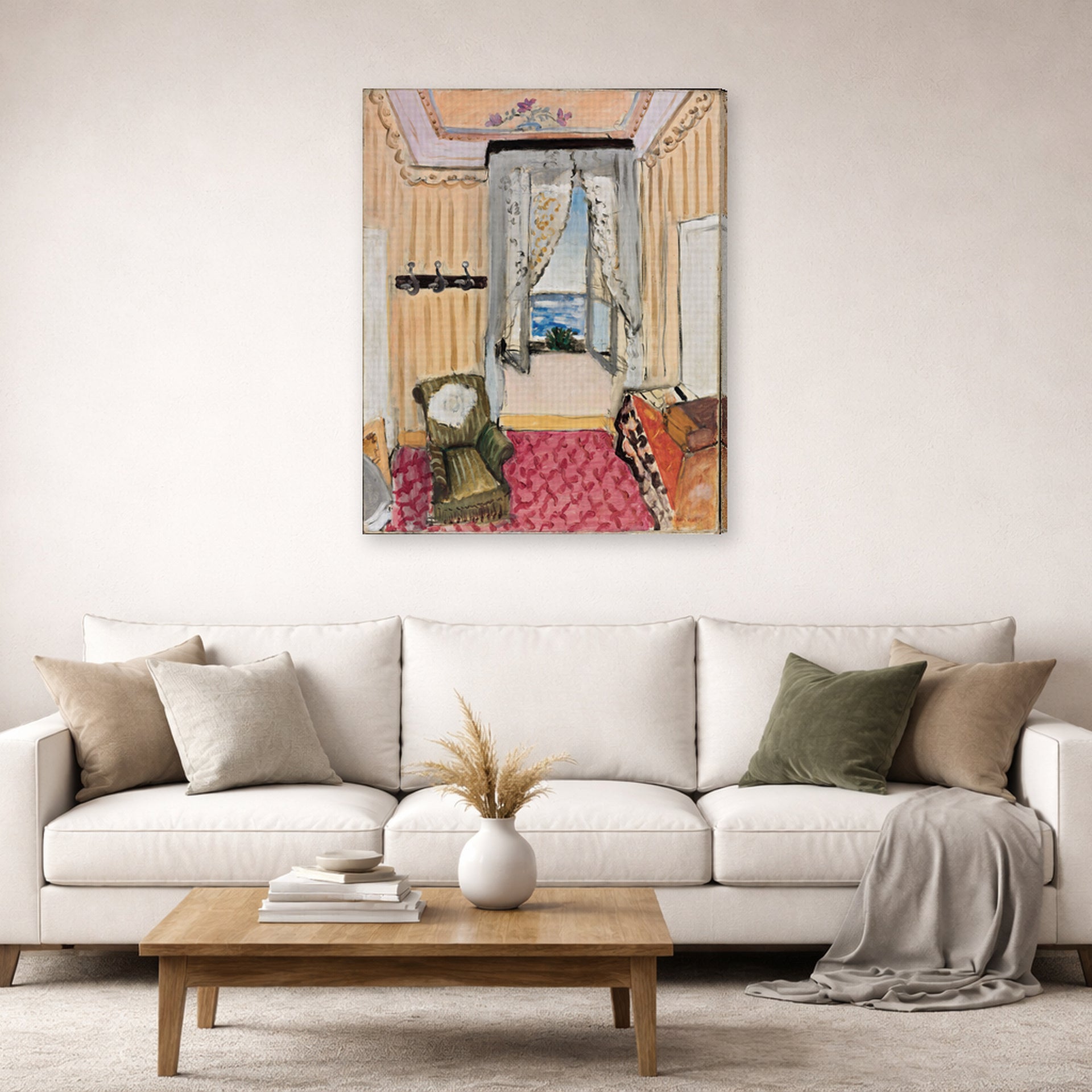 Gallery-wrapped canvas print of Henri Matisse's My Room at the Beau-rivage hanging in a living room, view 2