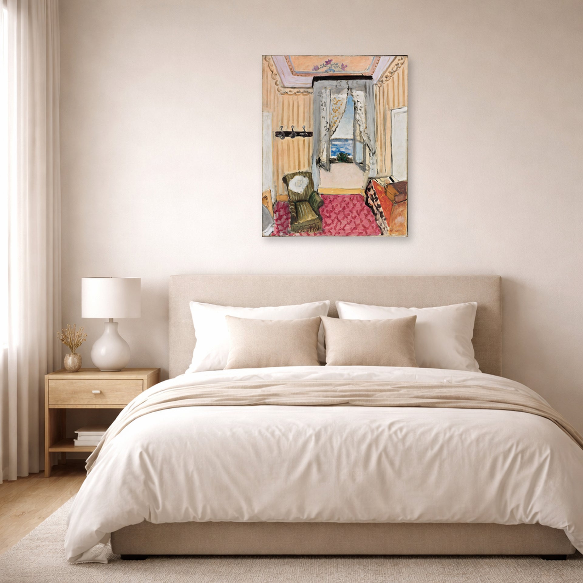 Unframed poster print of Henri Matisse's My Room at the Beau-rivage displayed above a bed in a bedroom