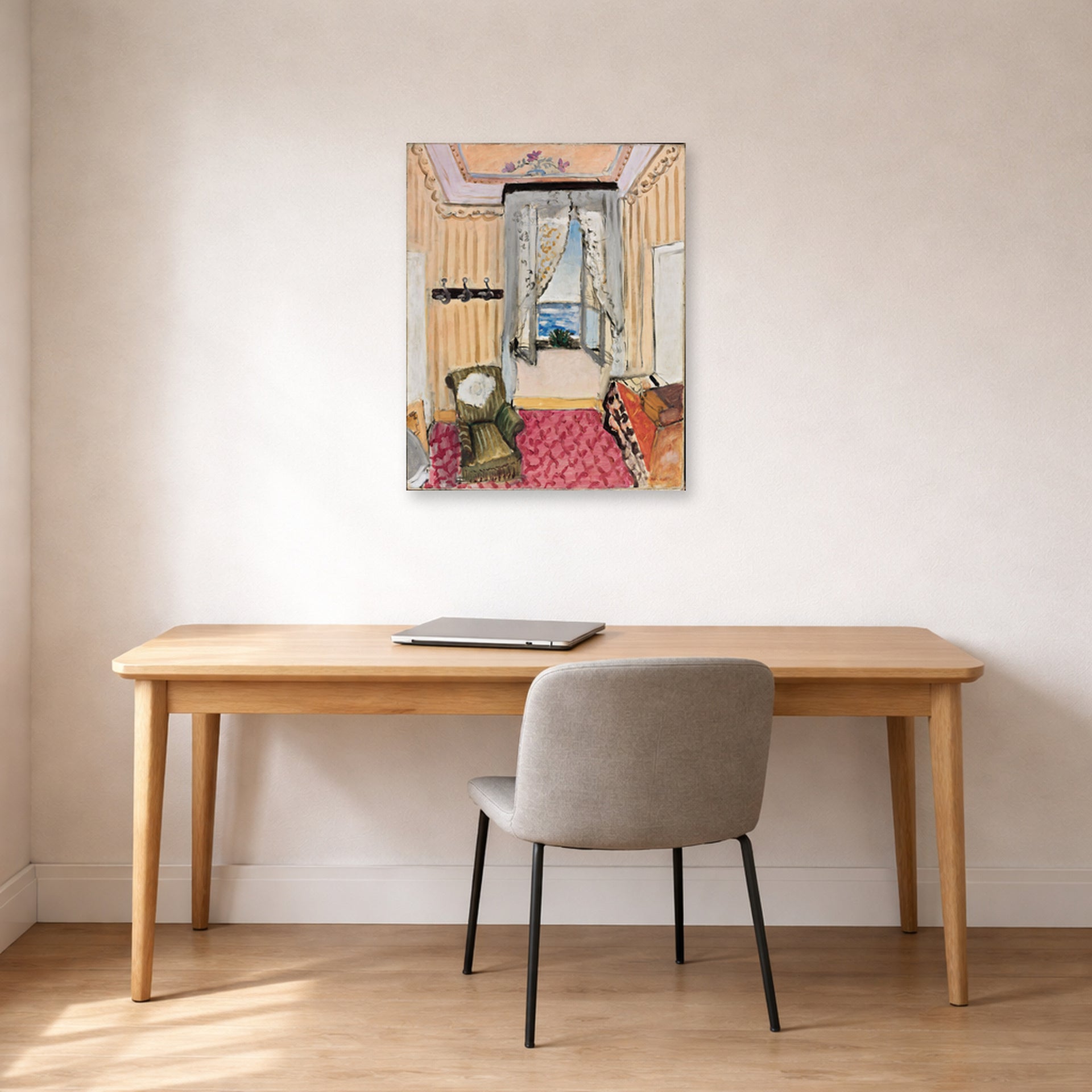 Unframed poster print of Henri Matisse's My Room at the Beau-rivage displayed in a home office