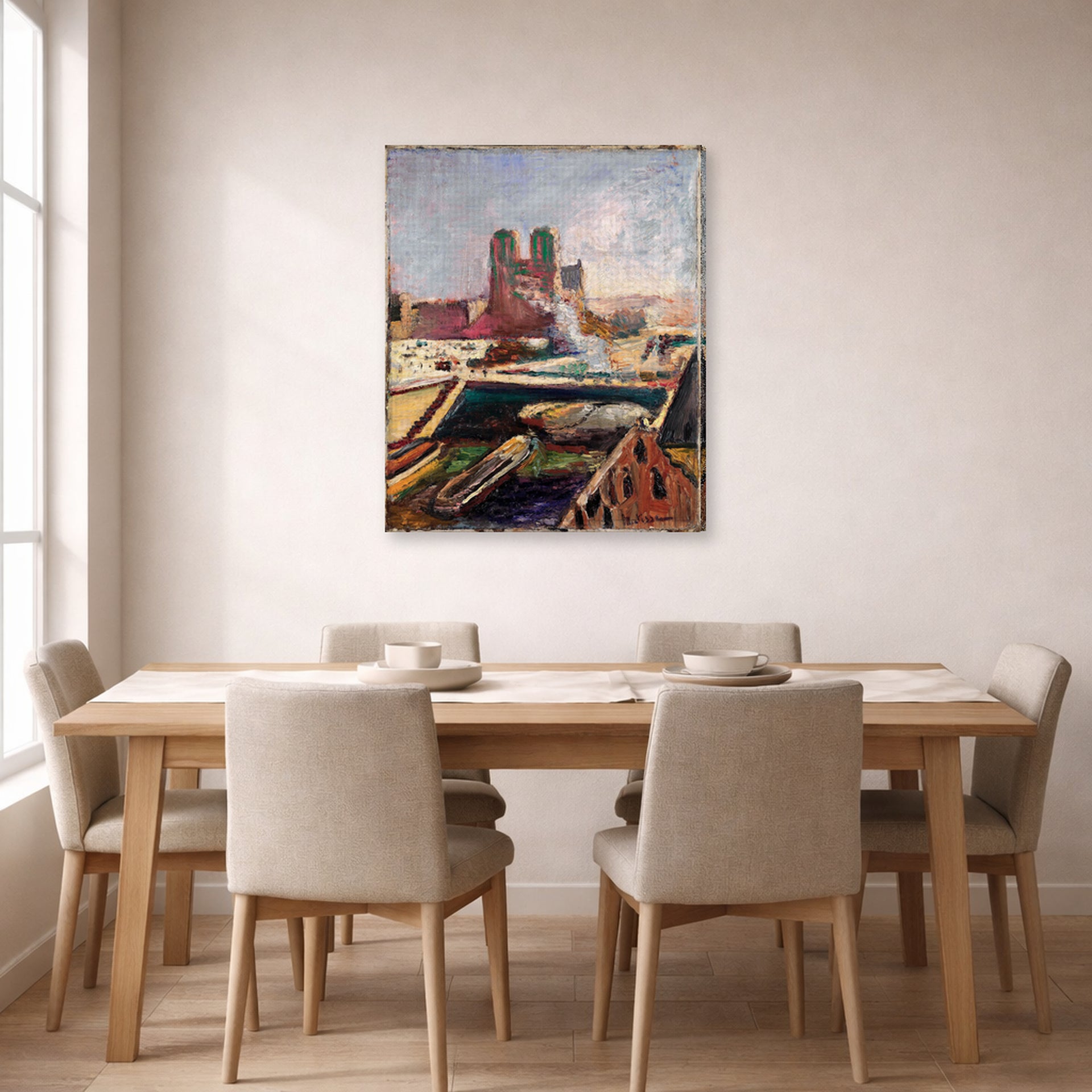 Gallery-wrapped canvas print of Henri Matisse's Notre-dame hanging on a dining room wall