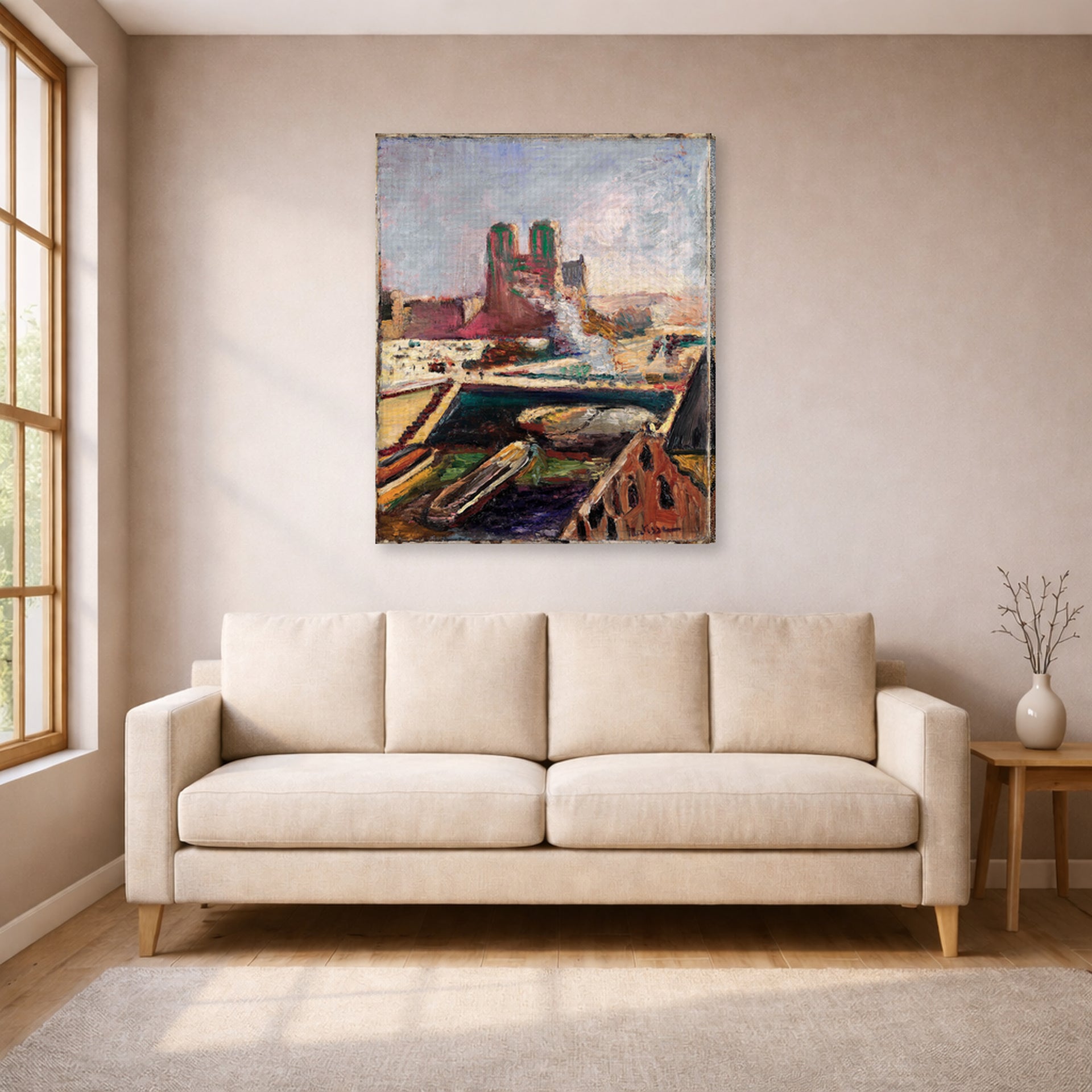 Gallery-wrapped canvas print of Henri Matisse's Notre-dame hanging in a living room, view 1