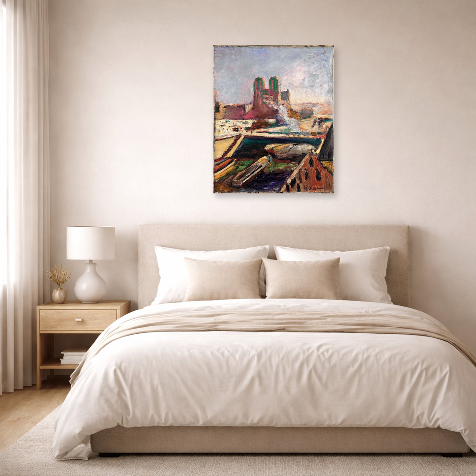 Unframed poster print of Henri Matisse's Notre-dame displayed above a bed in a bedroom