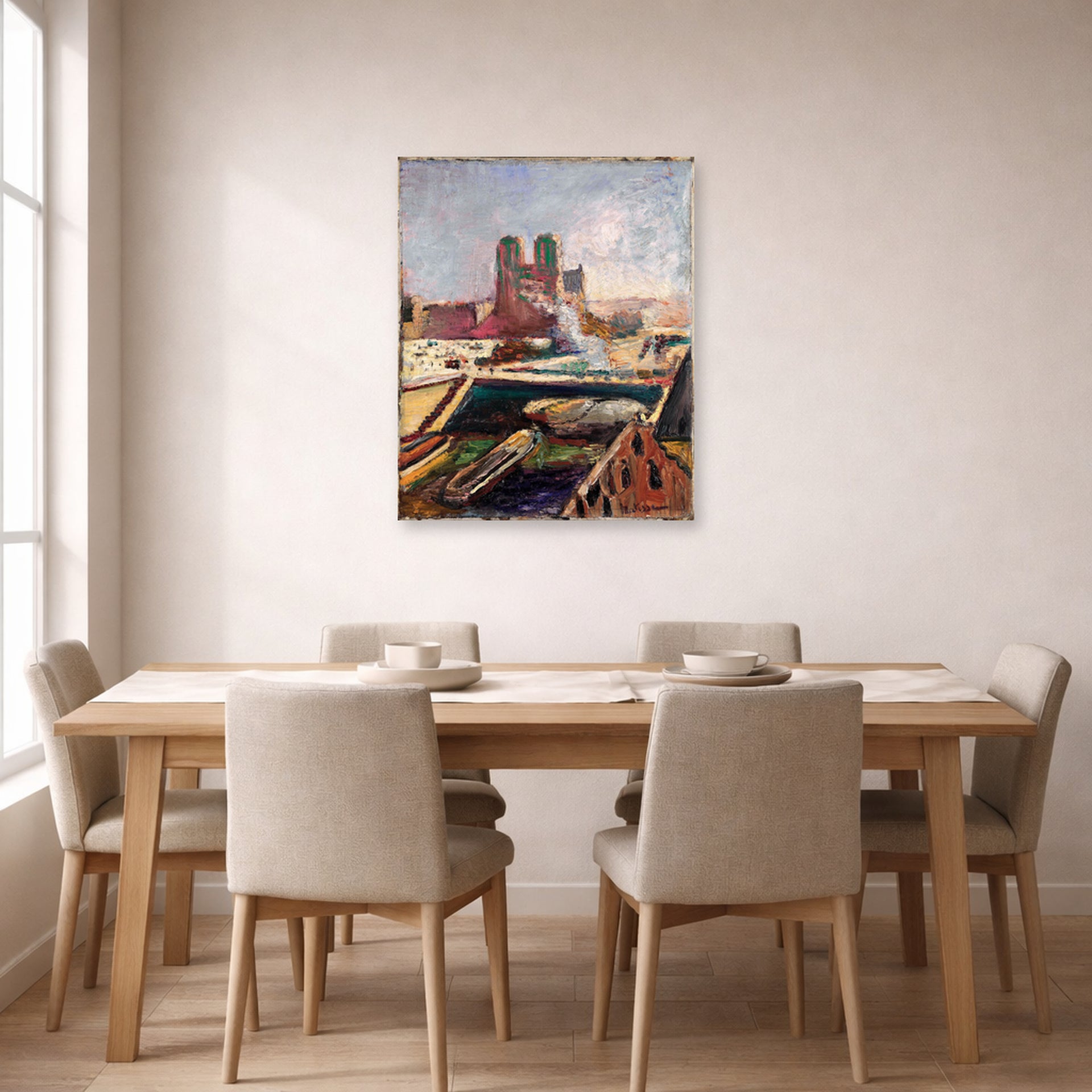 Unframed poster print of Henri Matisse's Notre-dame displayed on a dining room wall