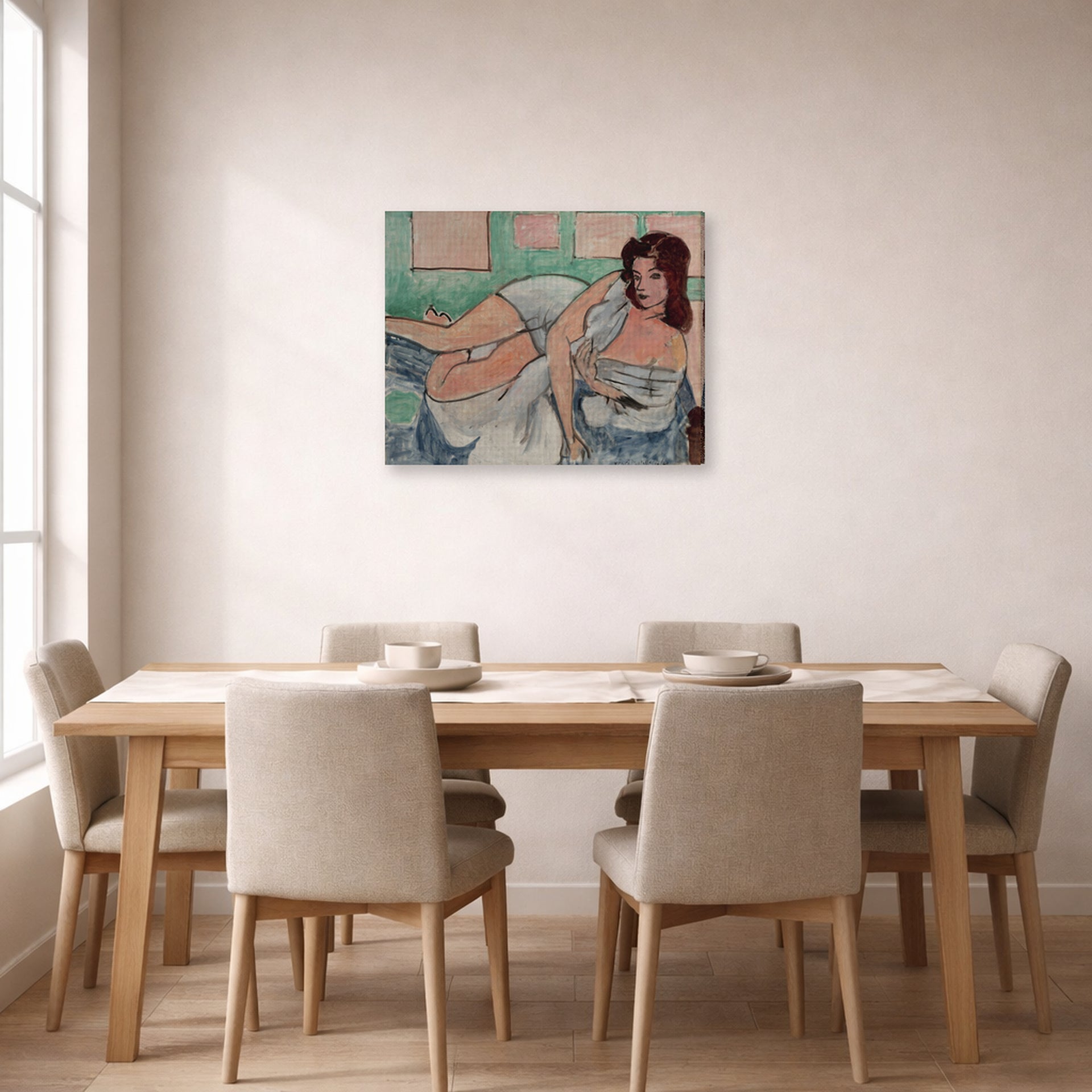 Gallery-wrapped canvas print of Henri Matisse's Nu Au Peignoir hanging on a dining room wall