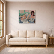 Gallery-wrapped canvas print of Henri Matisse's Nu Au Peignoir hanging in a living room, view 1
