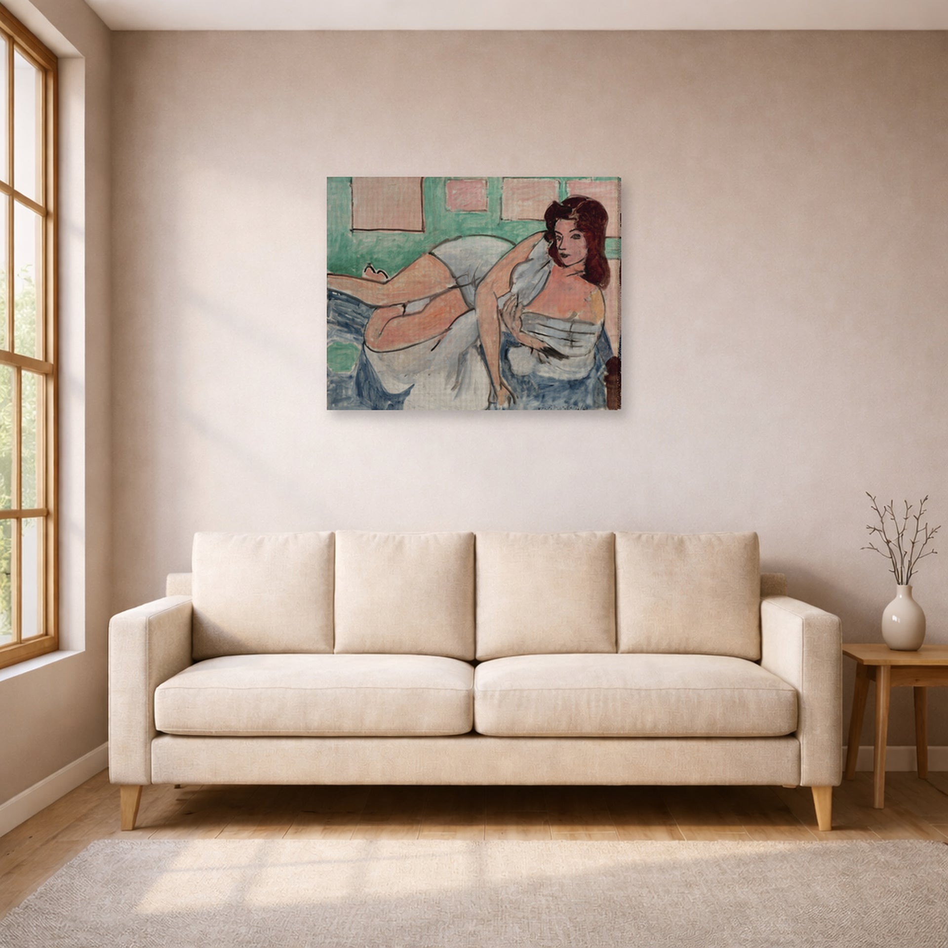 Gallery-wrapped canvas print of Henri Matisse's Nu Au Peignoir hanging in a living room, view 1