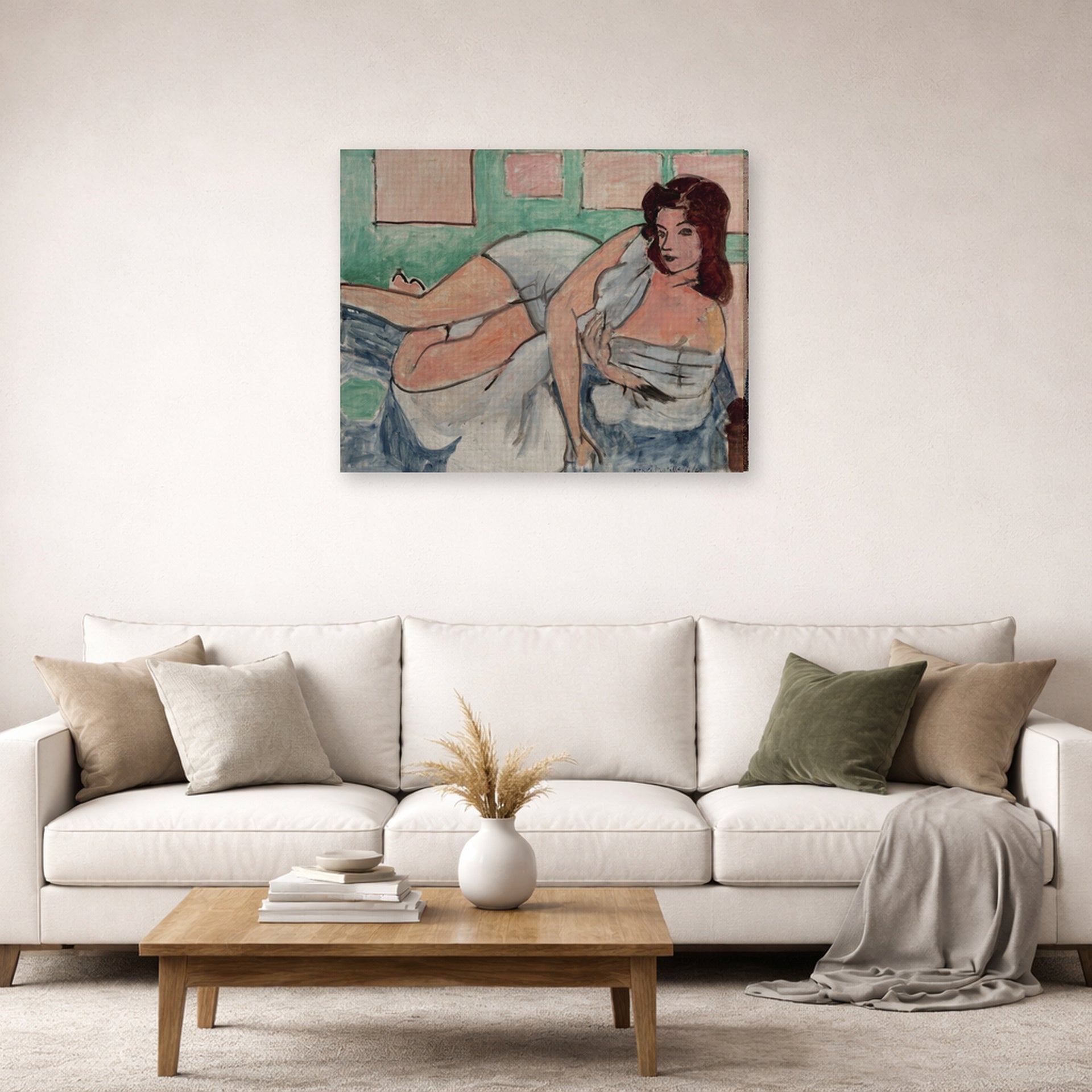 Gallery-wrapped canvas print of Henri Matisse's Nu Au Peignoir hanging in a living room, view 2