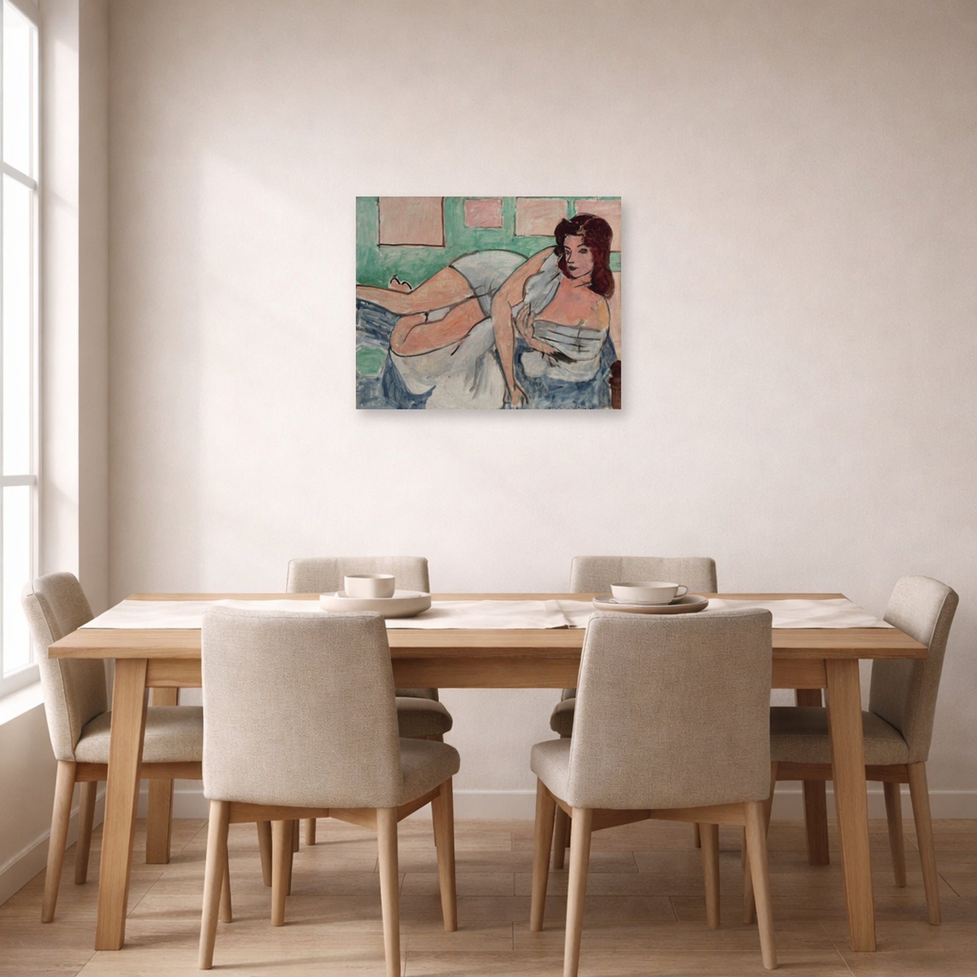 Unframed poster print of Henri Matisse's Nu Au Peignoir displayed on a dining room wall