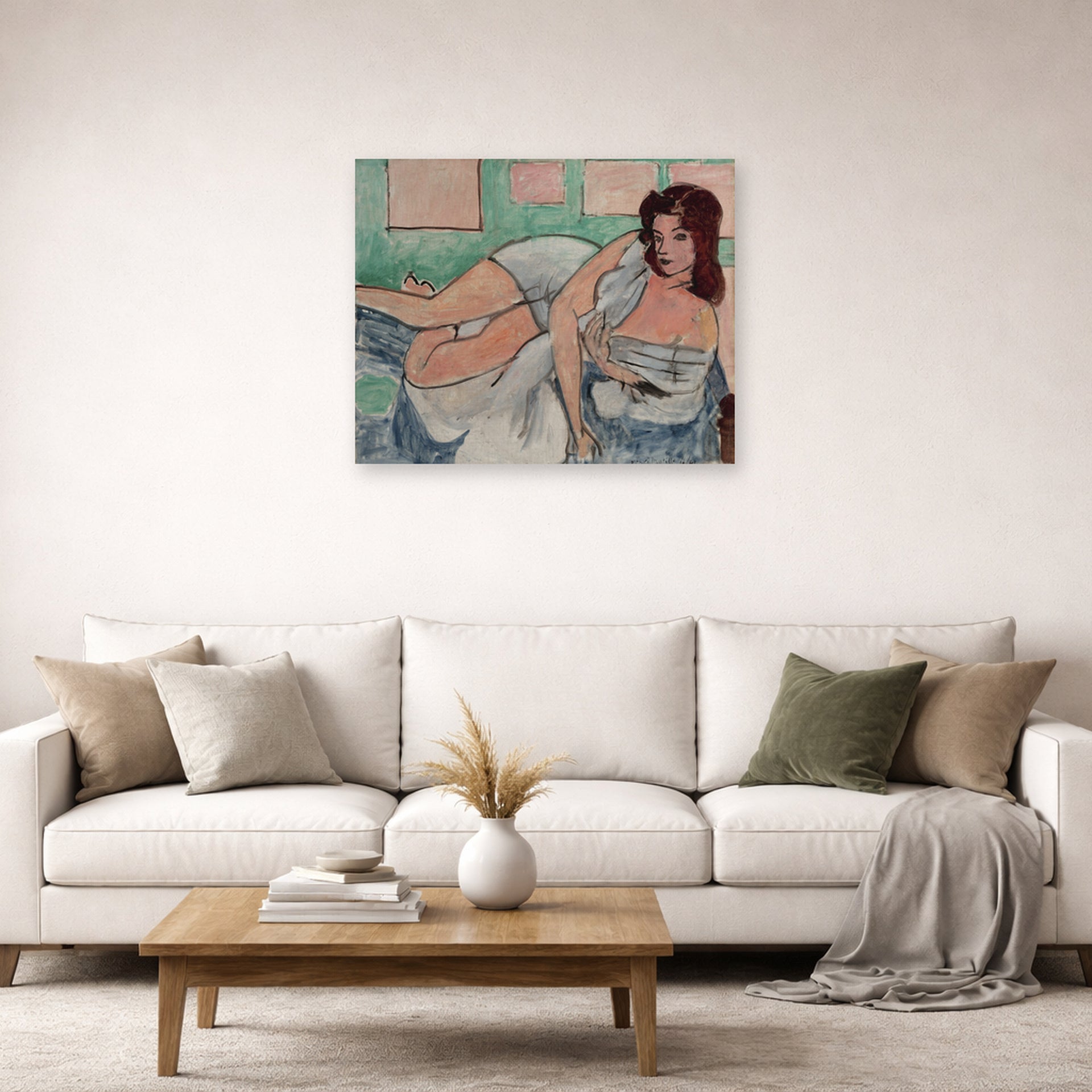 Unframed poster print of Henri Matisse's Nu Au Peignoir displayed in a living room, view 2