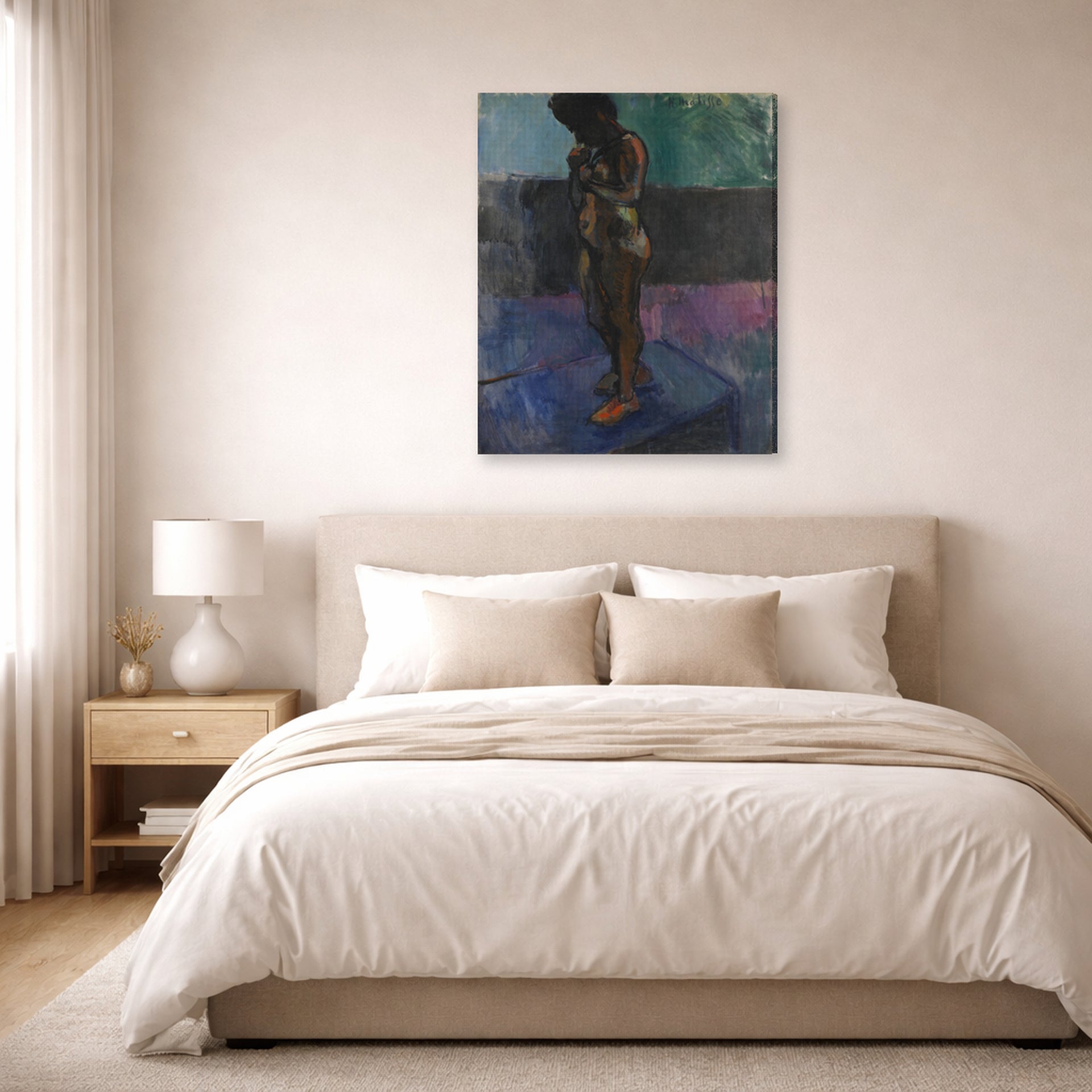 Gallery-wrapped canvas print of Henri Matisse's Nu Aux Souliers Roses hanging above a bed in a bedroom