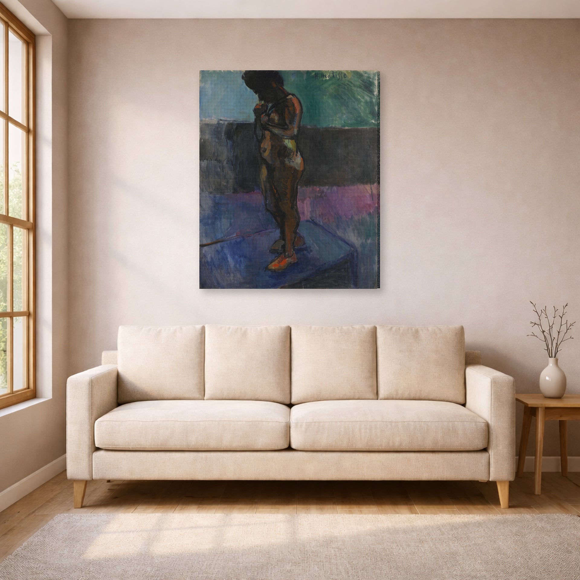 Gallery-wrapped canvas print of Henri Matisse's Nu Aux Souliers Roses hanging in a living room, view 1