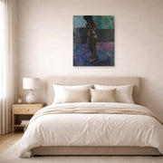 Unframed poster print of Henri Matisse's Nu Aux Souliers Roses displayed above a bed in a bedroom