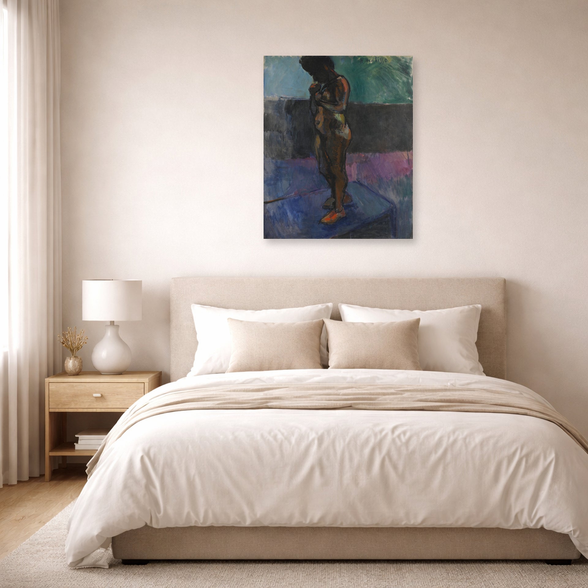 Unframed poster print of Henri Matisse's Nu Aux Souliers Roses displayed above a bed in a bedroom