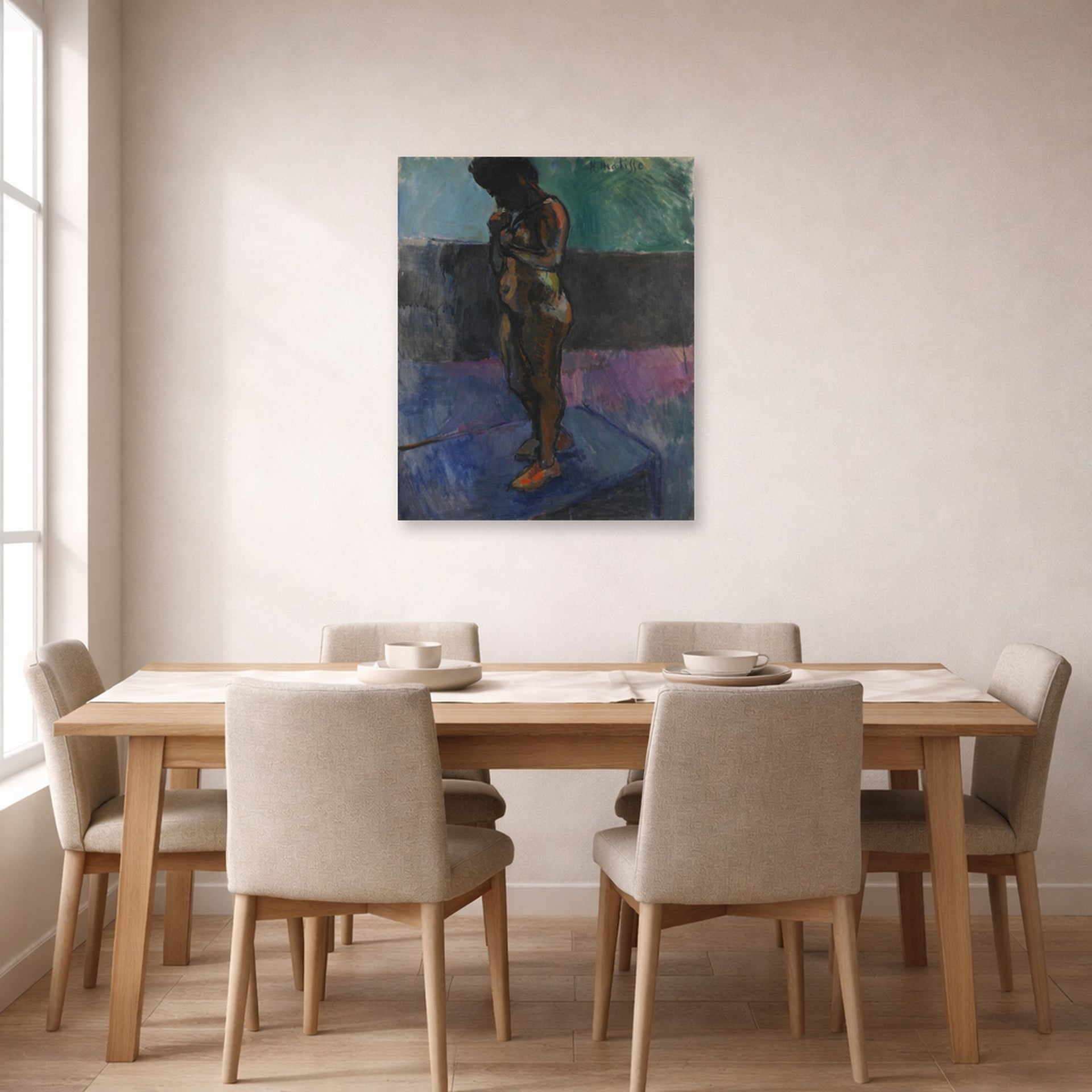 Unframed poster print of Henri Matisse's Nu Aux Souliers Roses displayed on a dining room wall