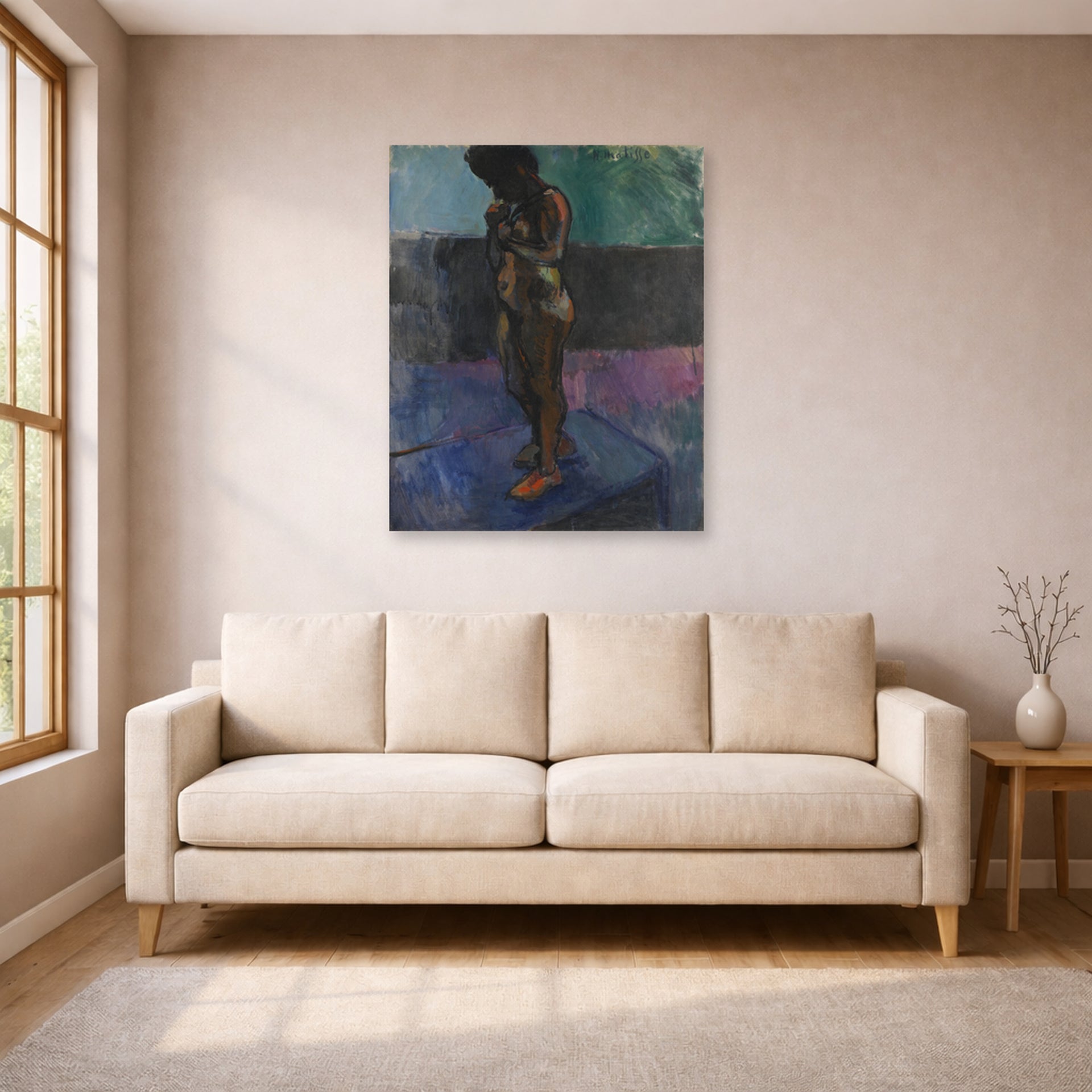 Unframed poster print of Henri Matisse's Nu Aux Souliers Roses displayed in a living room, view 1