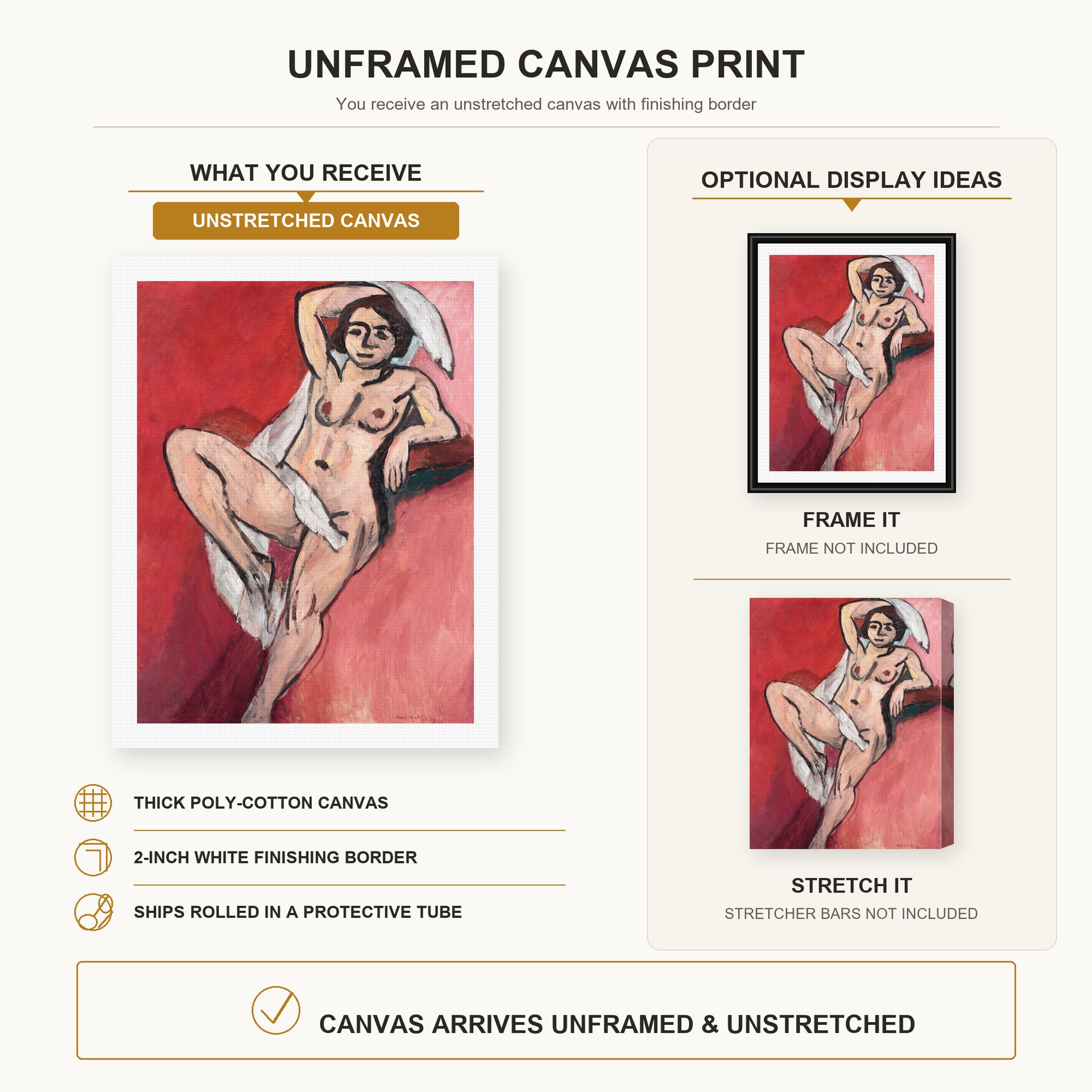 Henri Matisse - Nude with White Scarf canvas print size comparison and framing display infographic