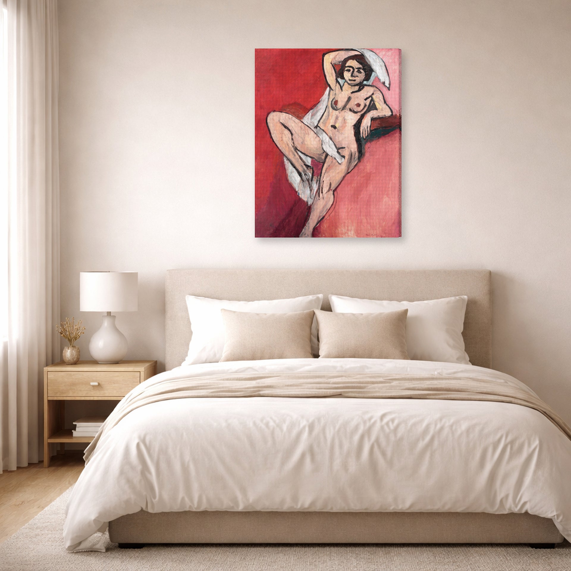 Gallery-wrapped canvas print of Henri Matisse's Nude with White Scarf hanging above a bed in a bedroom