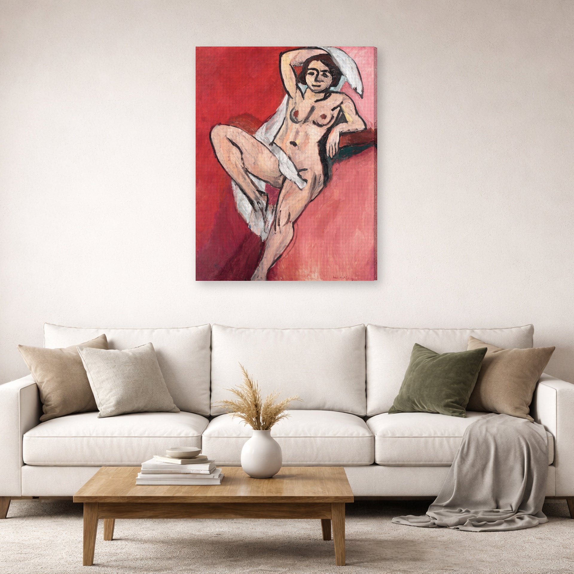 Gallery-wrapped canvas print of Henri Matisse's Nude with White Scarf hanging in a living room, view 2