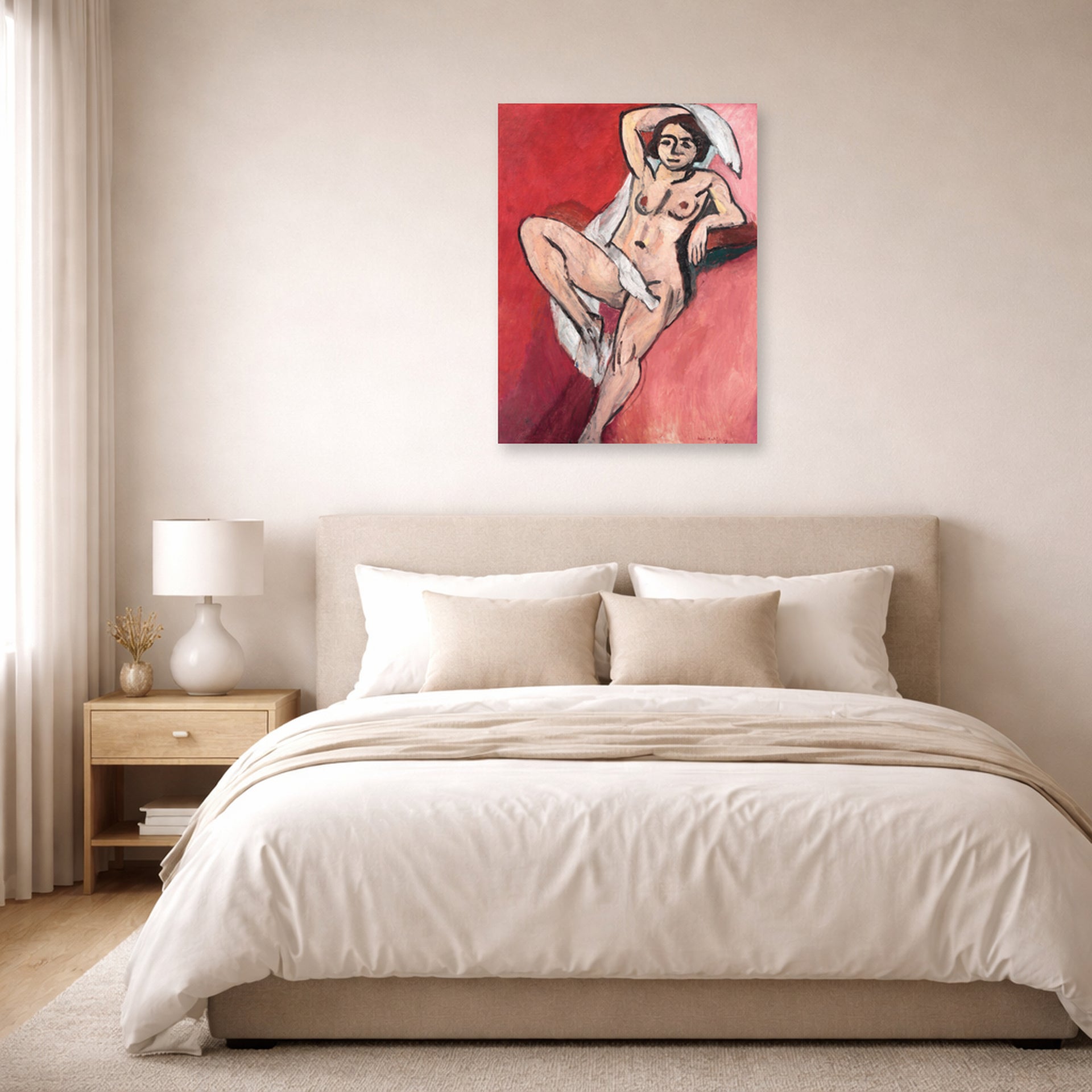 Unframed poster print of Henri Matisse's Nude with White Scarf displayed above a bed in a bedroom
