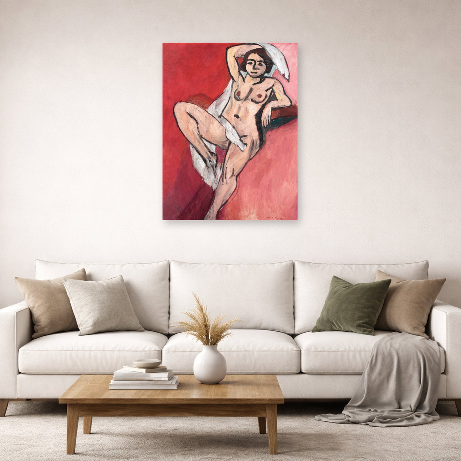 Unframed poster print of Henri Matisse's Nude with White Scarf displayed in a living room, view 2