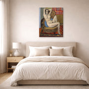 Gallery-wrapped canvas print of Henri Matisse's Nude on Blue Cushion hanging above a bed in a bedroom