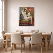 Gallery-wrapped canvas print of Henri Matisse's Nude on Blue Cushion hanging on a dining room wall