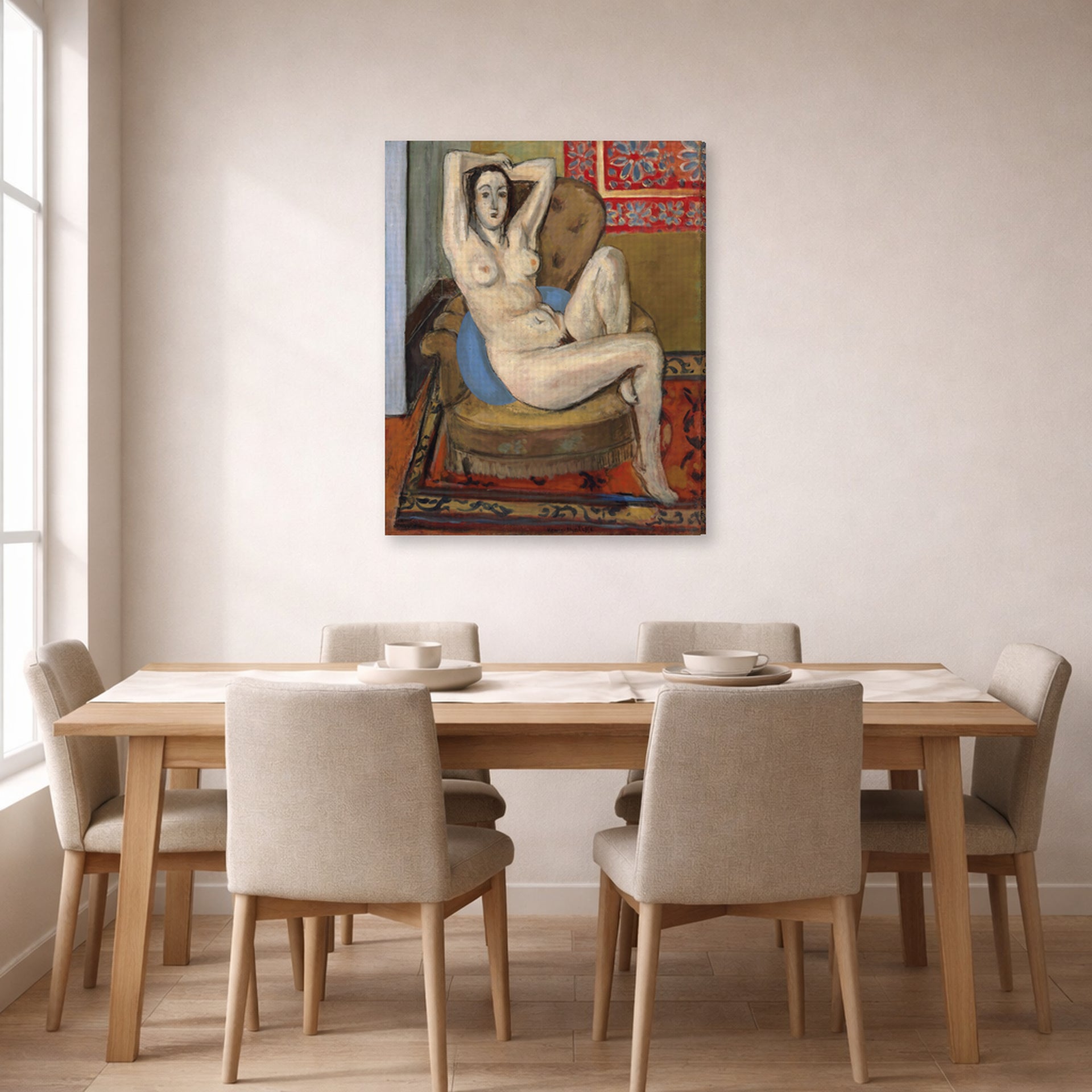 Gallery-wrapped canvas print of Henri Matisse's Nude on Blue Cushion hanging on a dining room wall