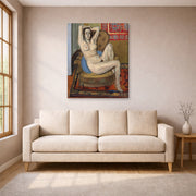 Gallery-wrapped canvas print of Henri Matisse's Nude on Blue Cushion hanging in a living room, view 1