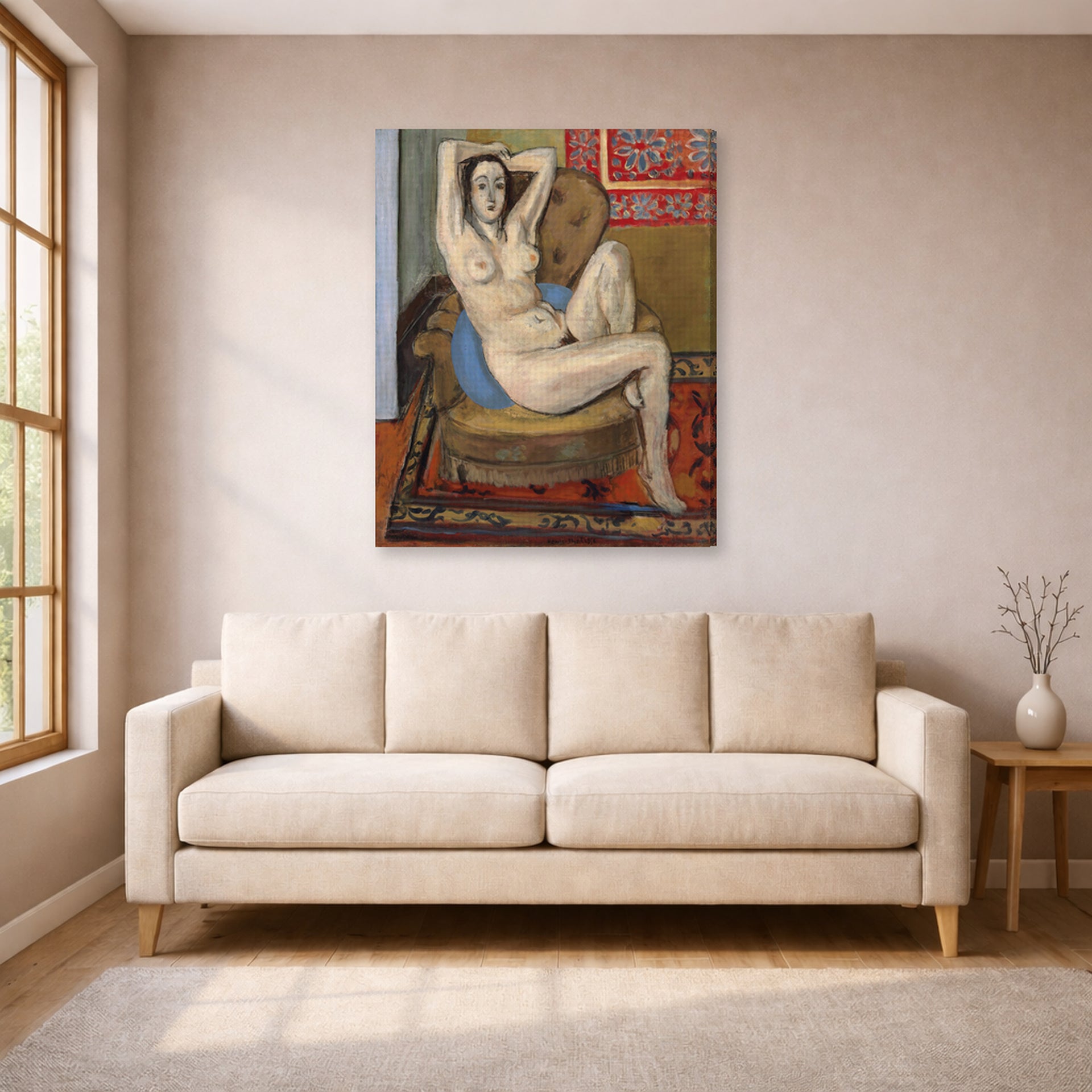 Gallery-wrapped canvas print of Henri Matisse's Nude on Blue Cushion hanging in a living room, view 1