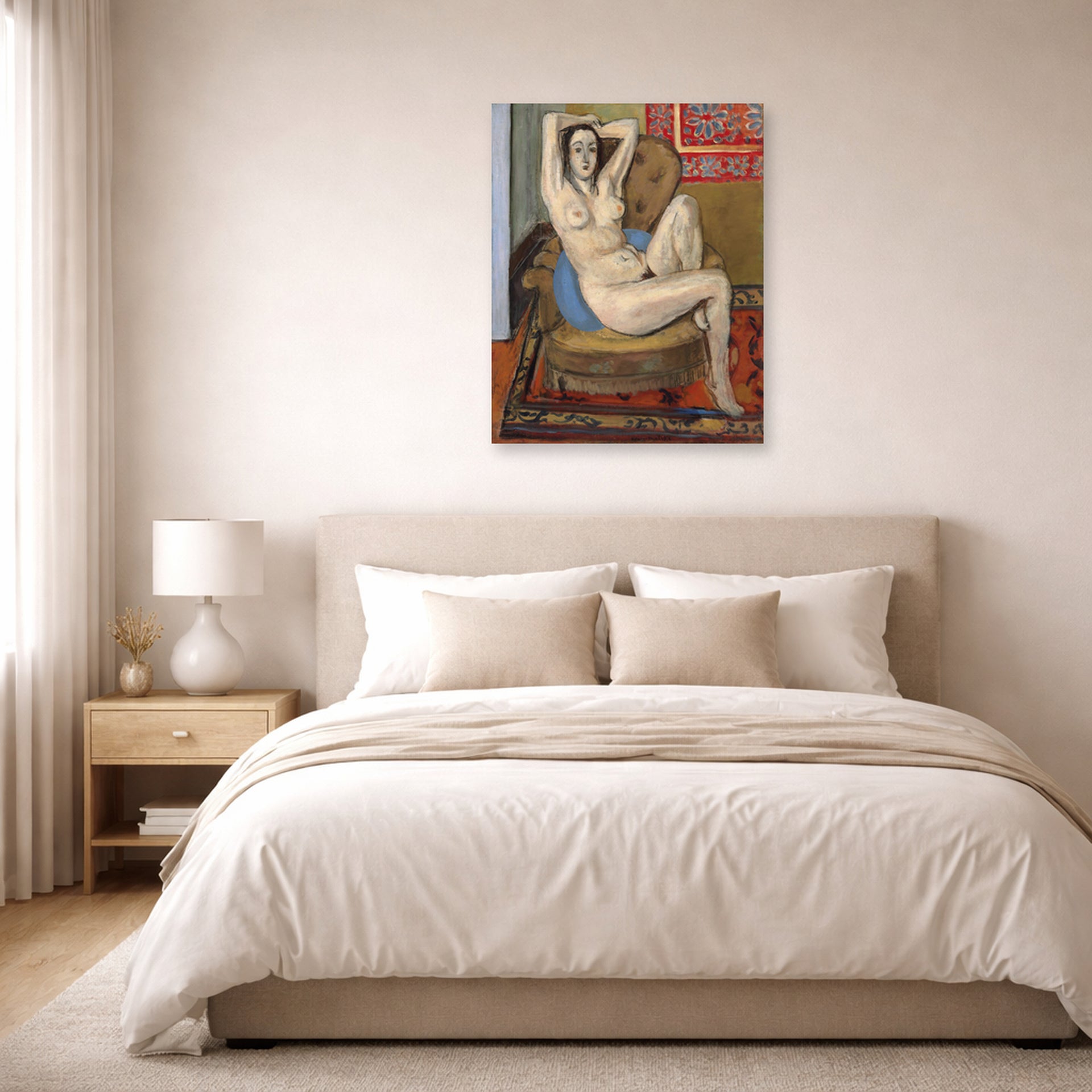 Unframed poster print of Henri Matisse's Nude on Blue Cushion displayed above a bed in a bedroom