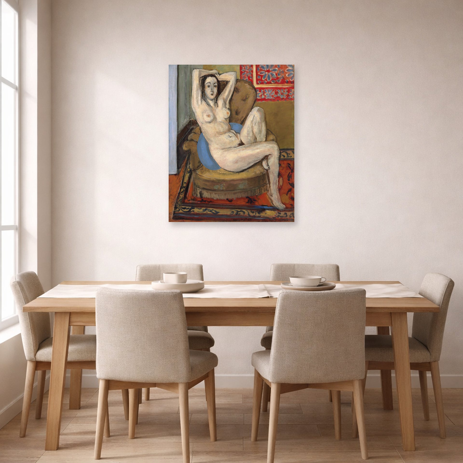Unframed poster print of Henri Matisse's Nude on Blue Cushion displayed on a dining room wall