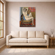 Unframed poster print of Henri Matisse's Nude on Blue Cushion displayed in a living room, view 1