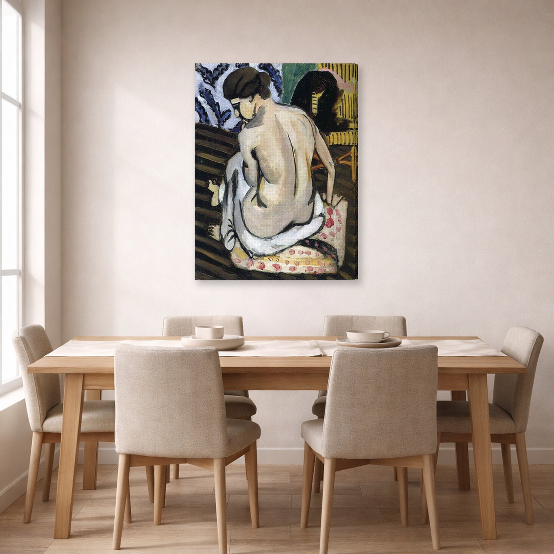 Gallery-wrapped canvas print of Henri Matisse's Nude's Back hanging on a dining room wall