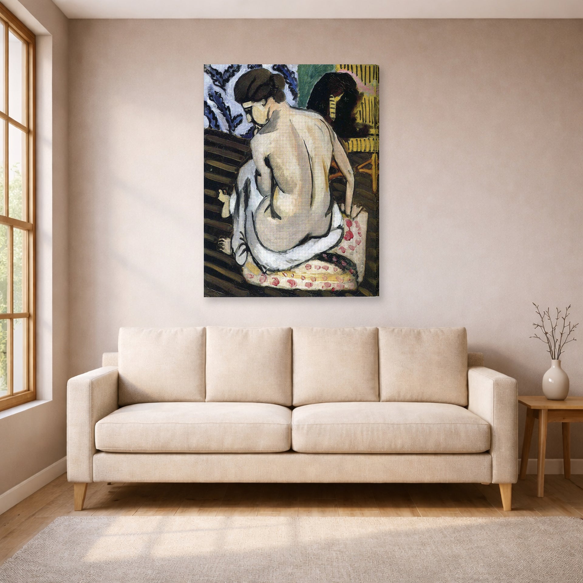 Gallery-wrapped canvas print of Henri Matisse's Nude's Back hanging in a living room, view 1