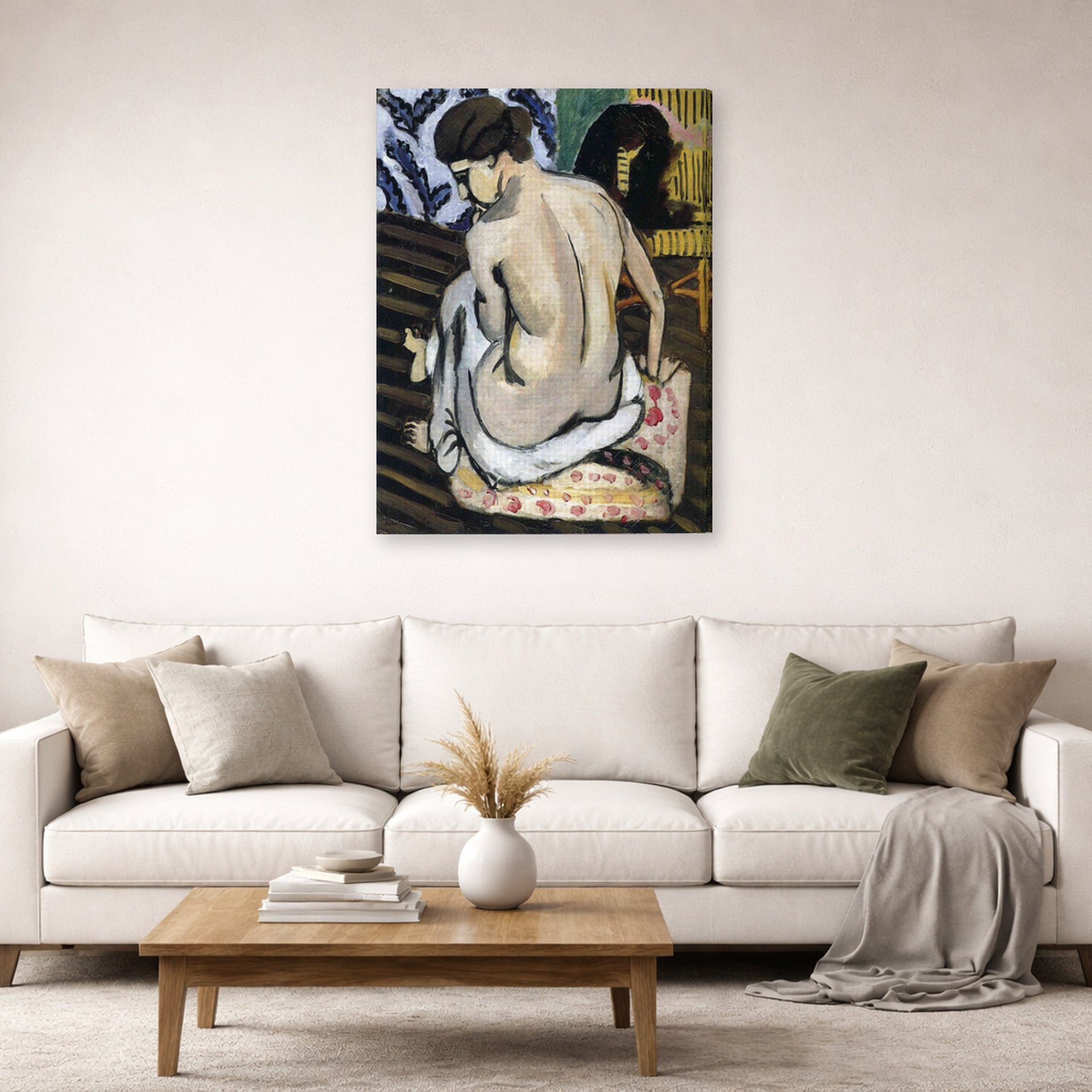 Gallery-wrapped canvas print of Henri Matisse's Nude's Back hanging in a living room, view 2