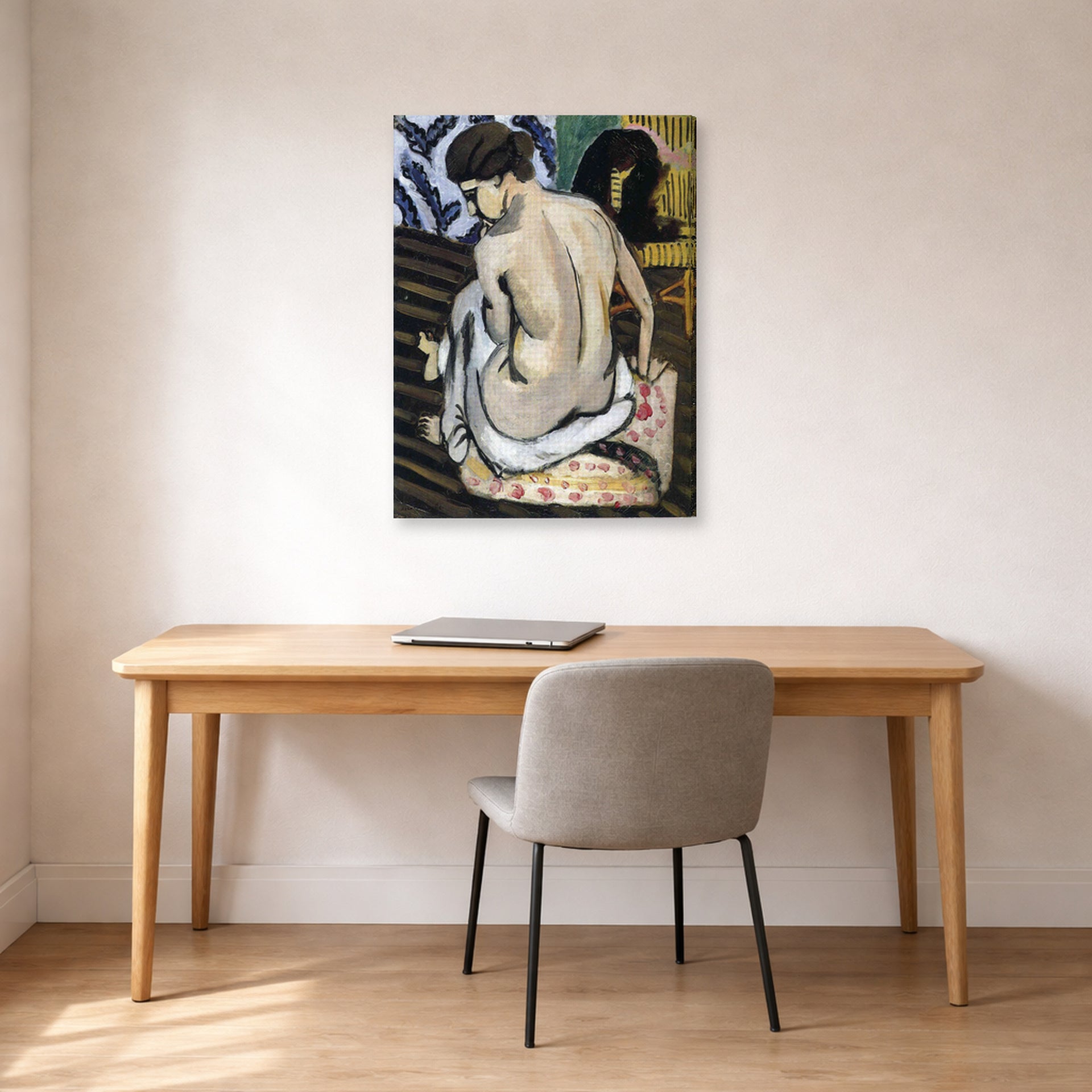 Gallery-wrapped canvas print of Henri Matisse's Nude's Back hanging in a home office