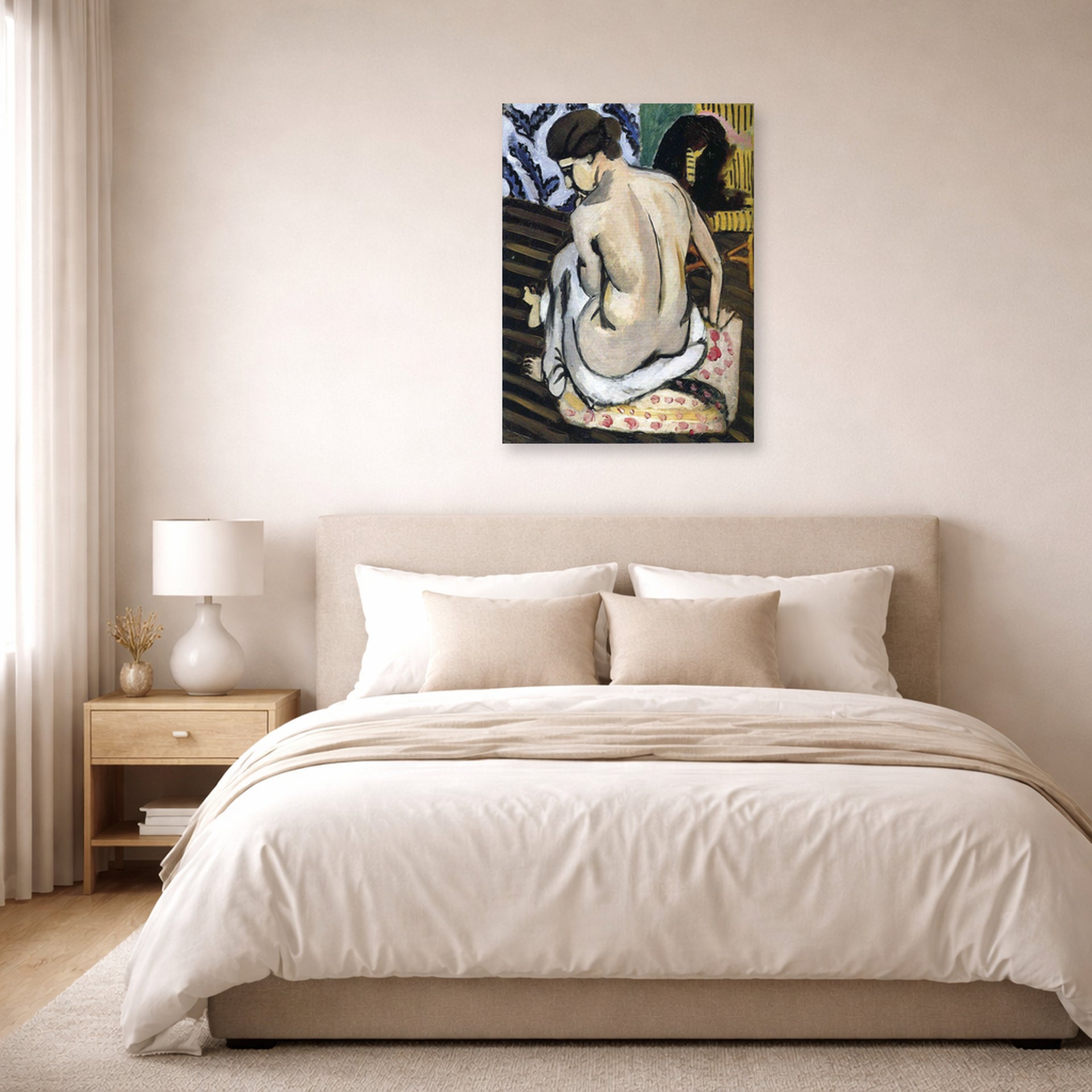 Unframed poster print of Henri Matisse's Nude's Back displayed above a bed in a bedroom