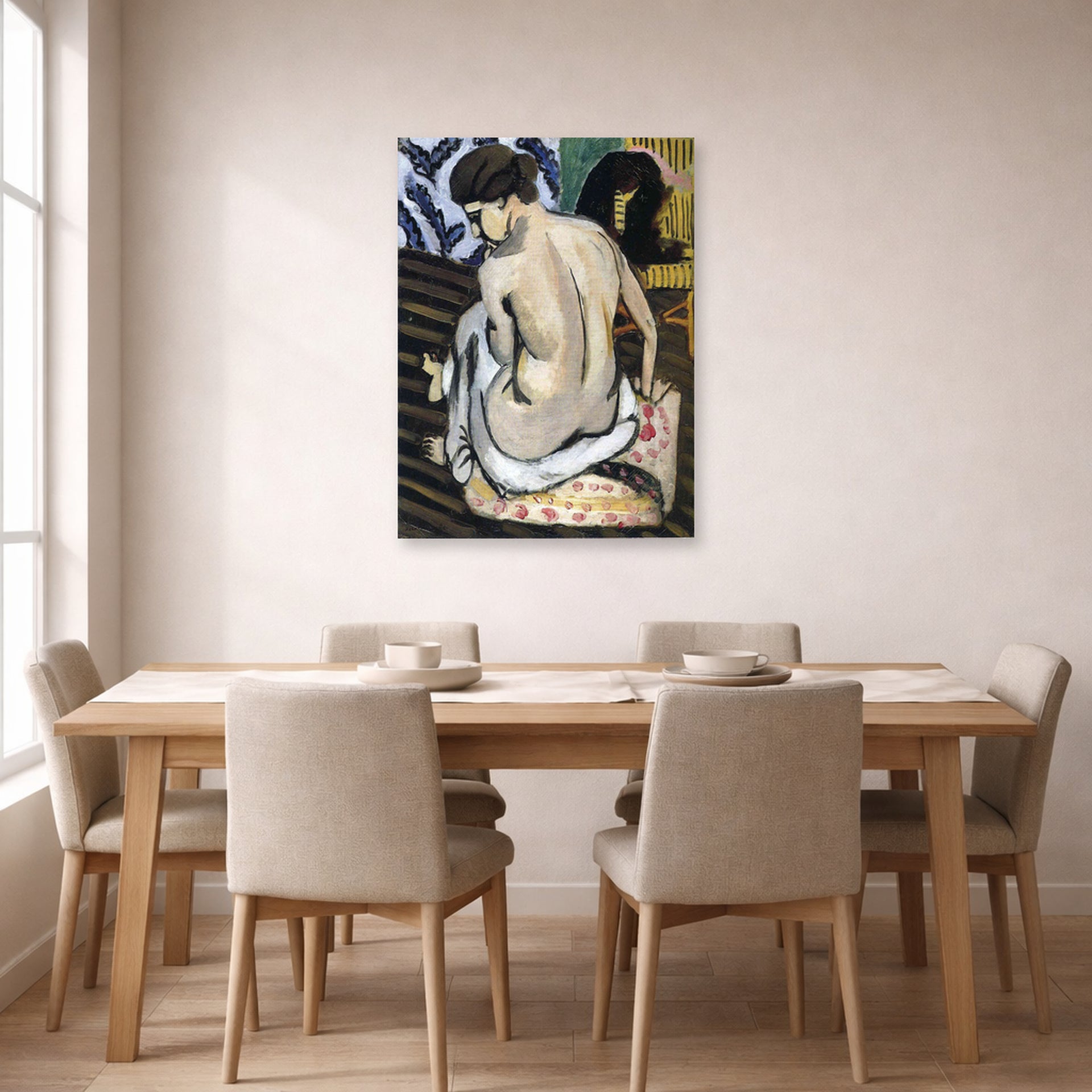 Unframed poster print of Henri Matisse's Nude's Back displayed on a dining room wall