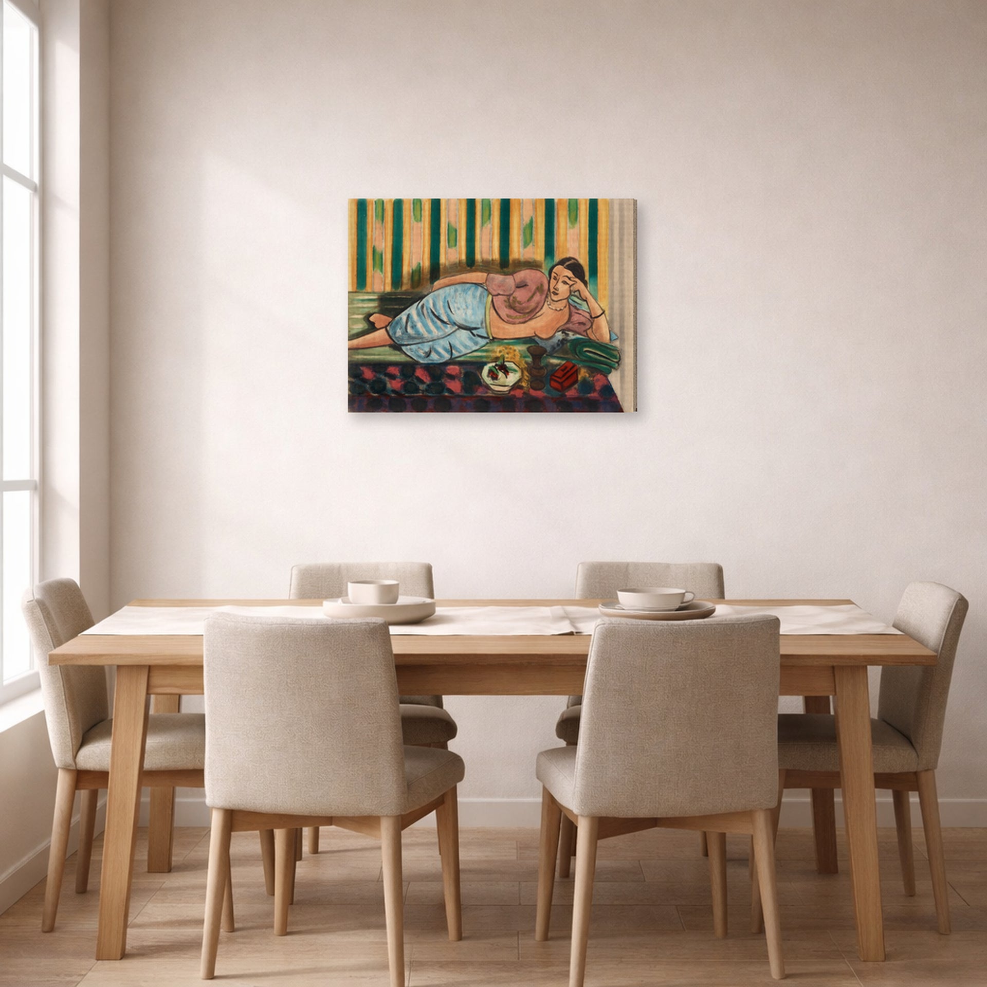 Gallery-wrapped canvas print of Henri Matisse's Odalisque Au Coffret Rouge hanging on a dining room wall