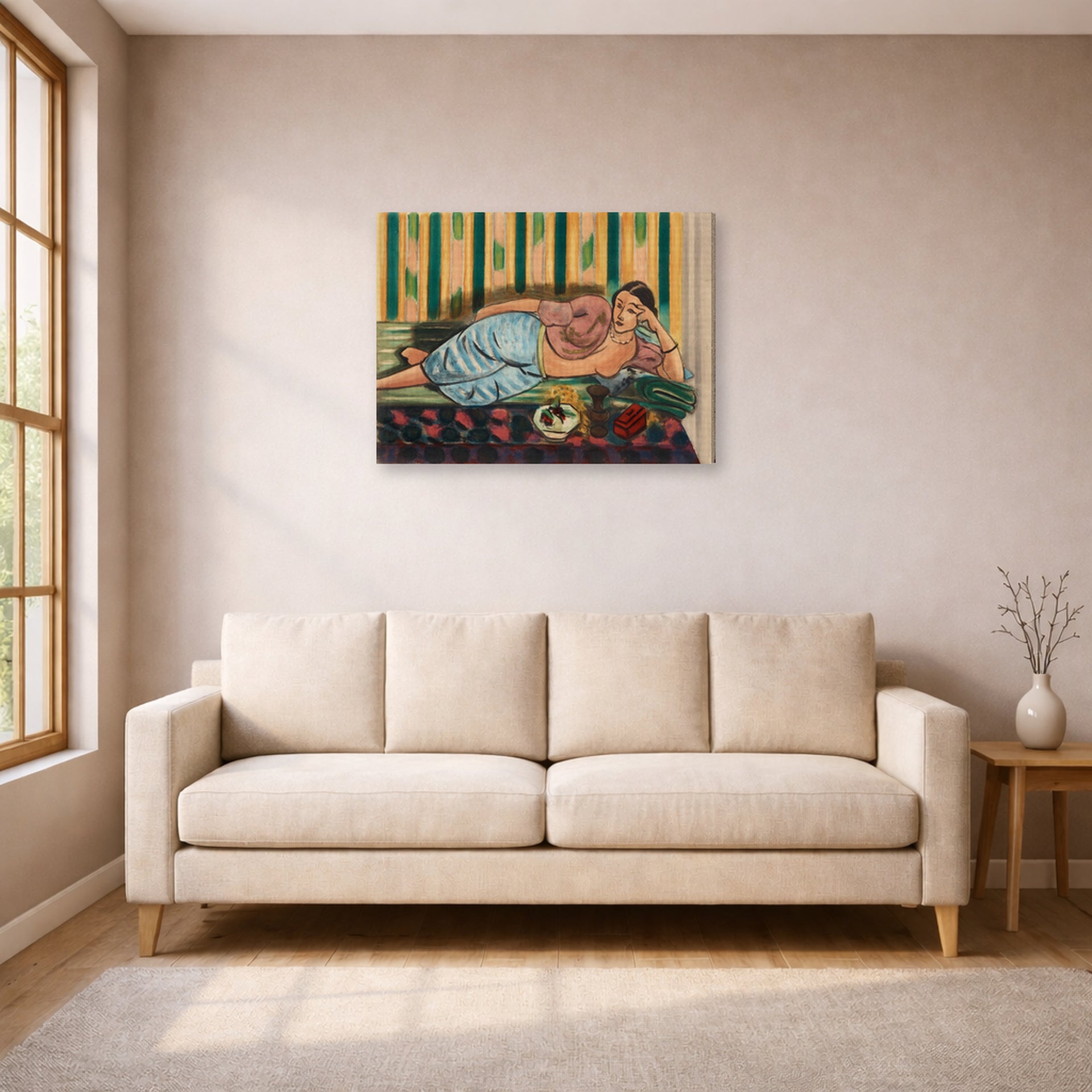 Gallery-wrapped canvas print of Henri Matisse's Odalisque Au Coffret Rouge hanging in a living room, view 1
