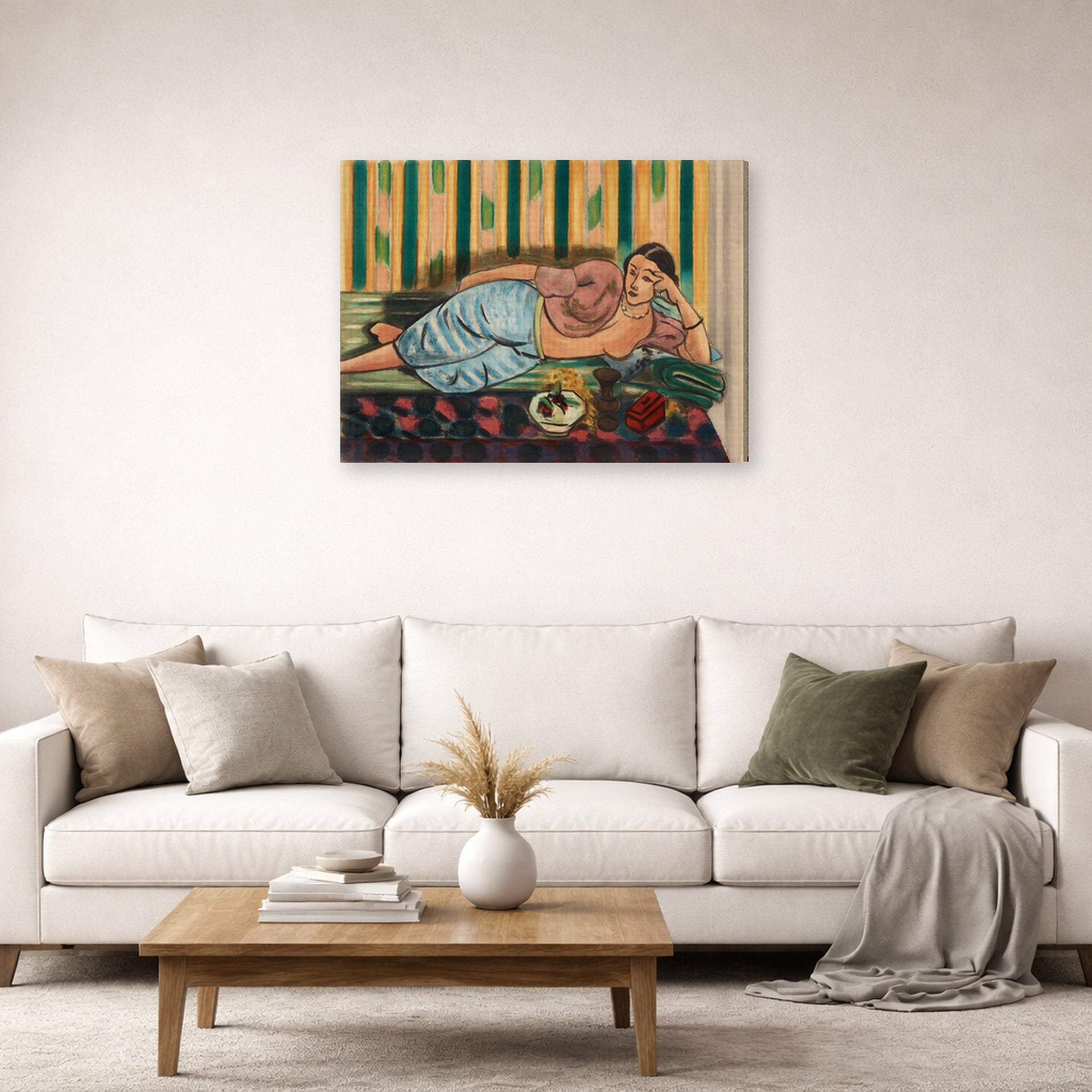 Gallery-wrapped canvas print of Henri Matisse's Odalisque Au Coffret Rouge hanging in a living room, view 2